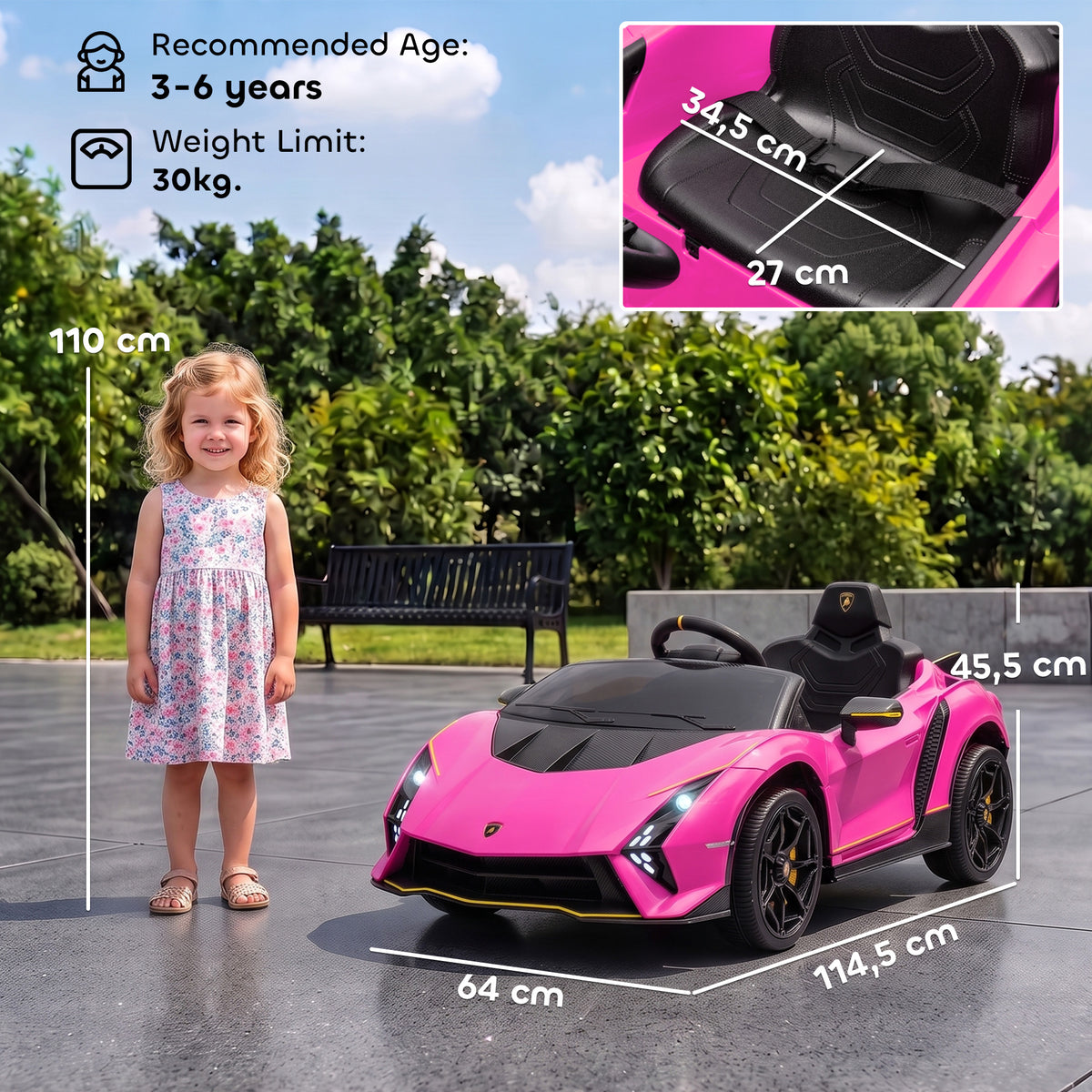AIYAPLAY Electric Ride-On Car for Kids 3-6 Years Old, 12V Authentic Lamborghini with 2 Motors, Scissor Door, Suspension, Pink