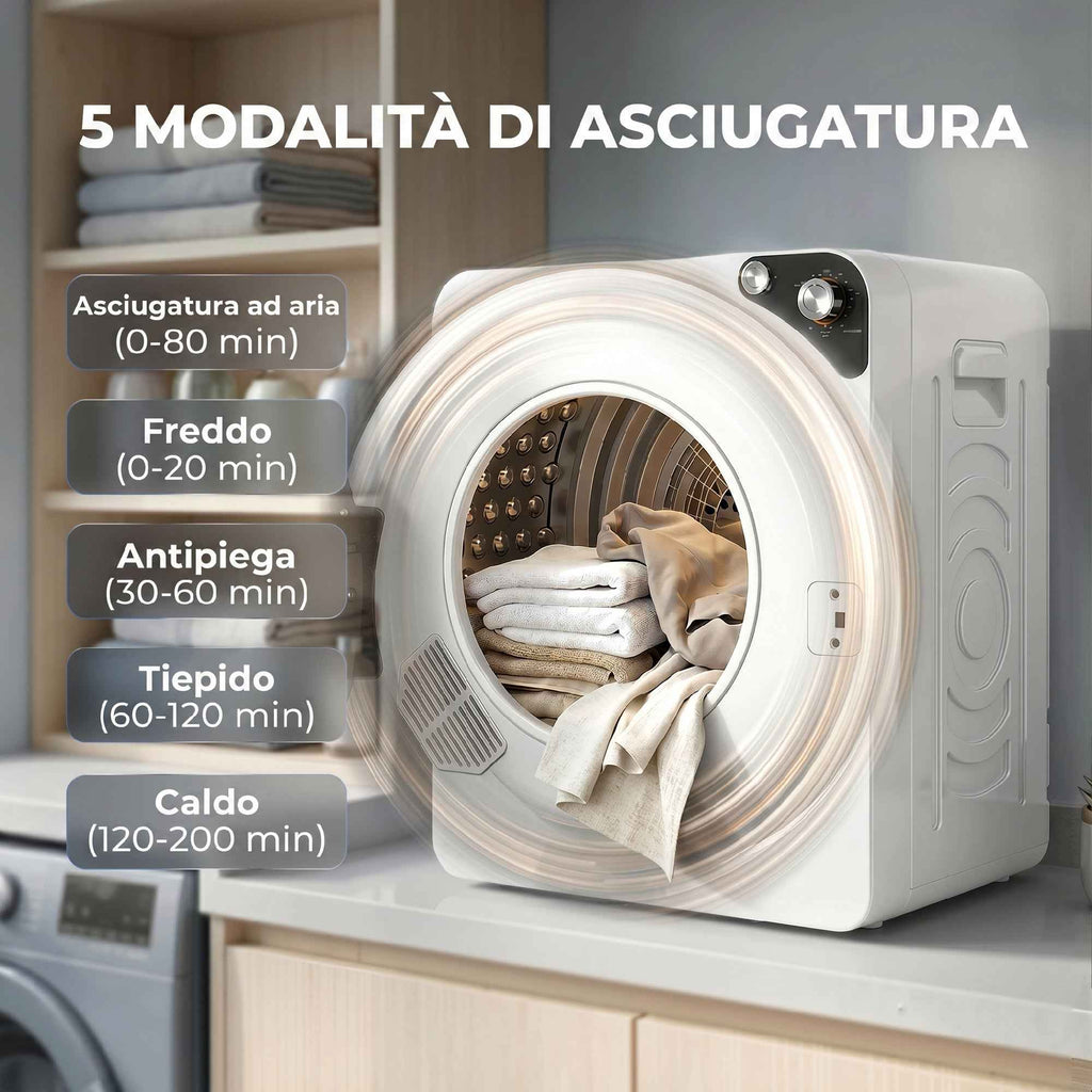 HOMCOM 1000W Portable Dryer with 5 Programs and Timer, in PCM and Stainless Steel, 49x43x61 cm, White