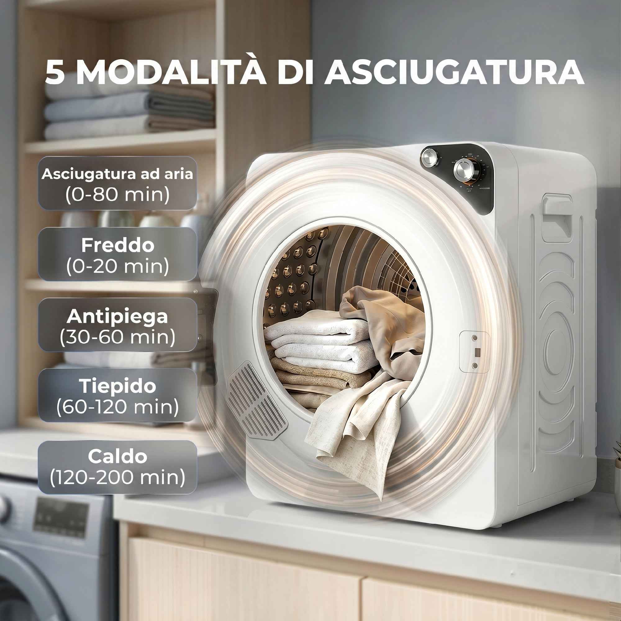 HOMCOM 1000W Portable Dryer with 5 Programs and Timer, in PCM and Stainless Steel, 49x43x61 cm, White