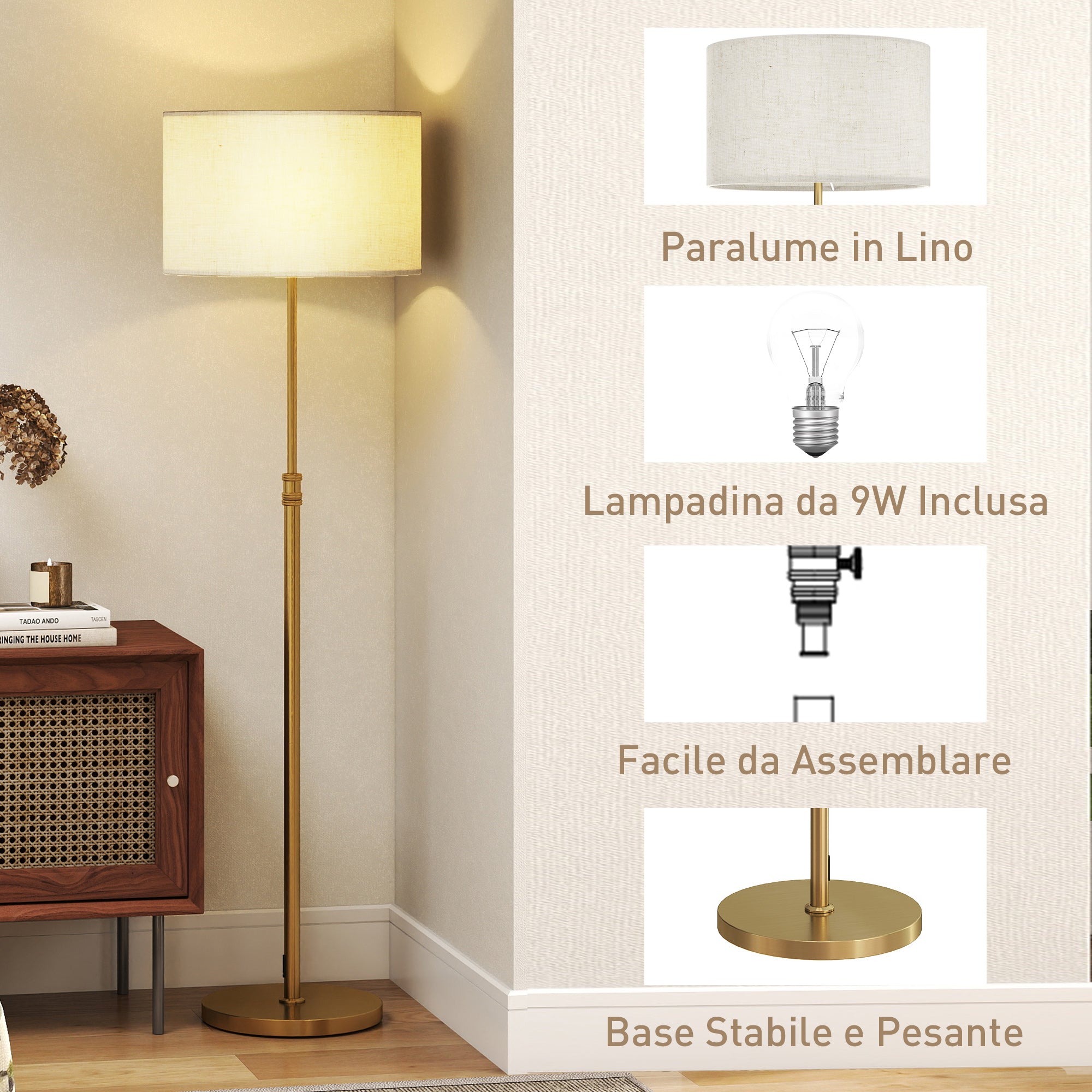 Floor Lamp with Remote Control and Adjustable Brightness 3000K-6000K, Fabric Lampshade, Gold