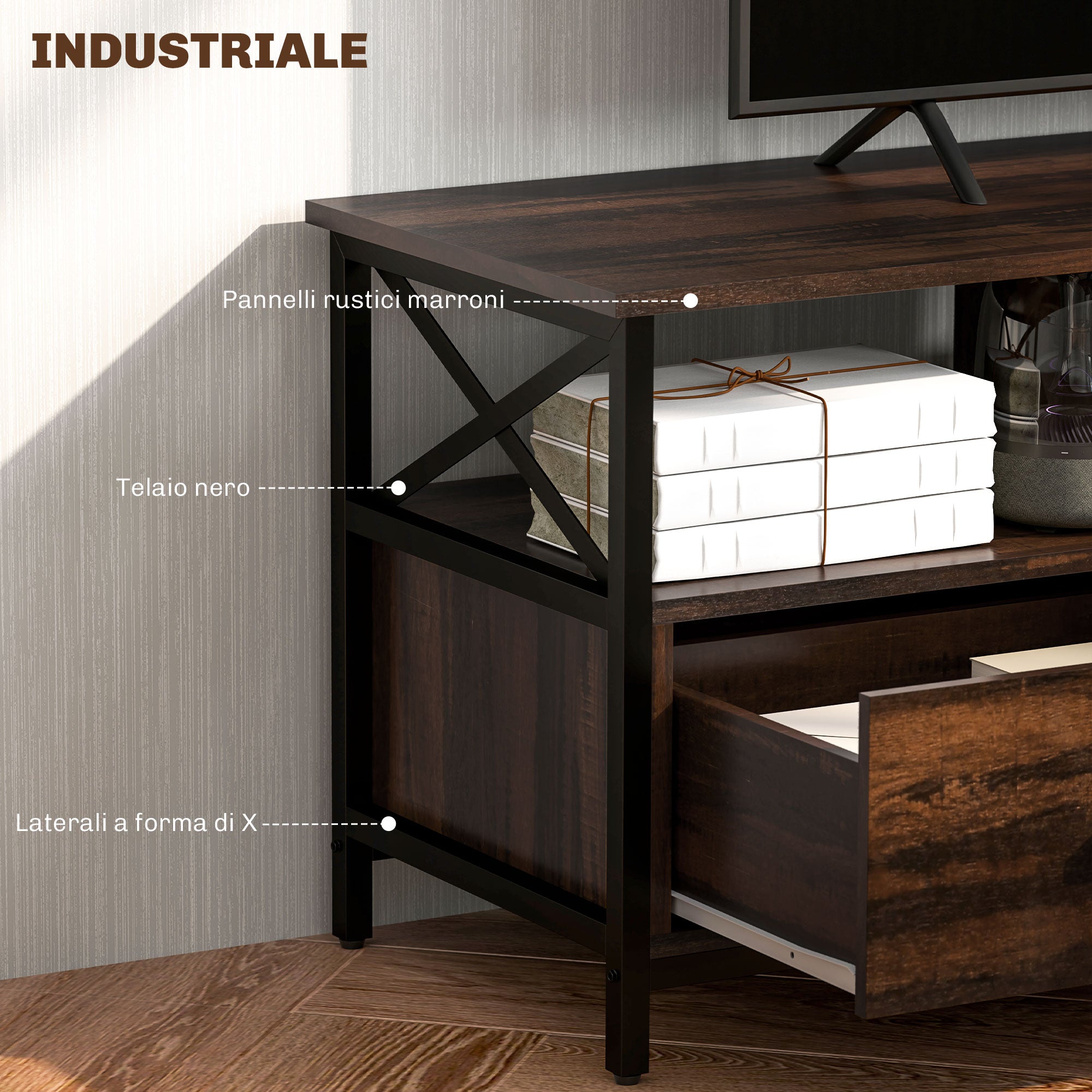 Industrial TV Cabinet with 3 Drawers and 3 Open Shelves, in Wood and Steel, 147x40x50 cm, Black and Brown