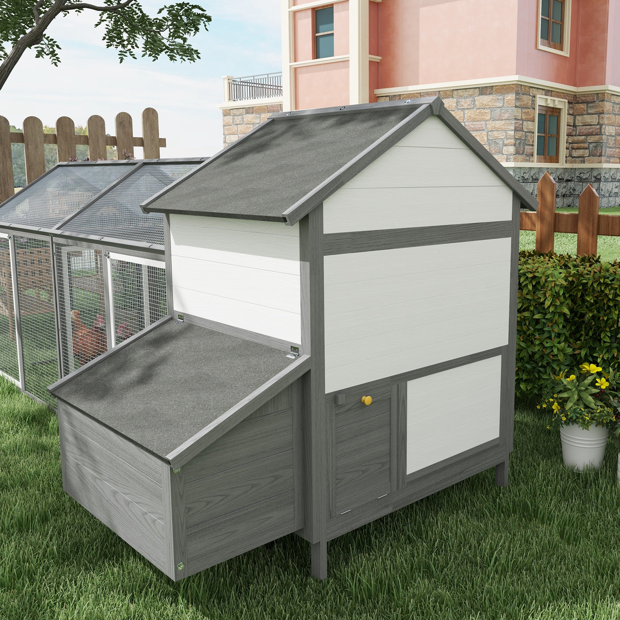 PawHut Outdoor Chicken Coop with Brooding Nest, Waterproof Roof, Removable Tray, Grey