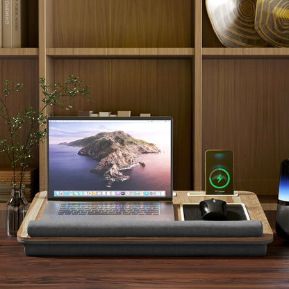 15.6" Laptop Stand with Mouse Pad and Palm Rest, Tablet and Smartphone Slot, Oak