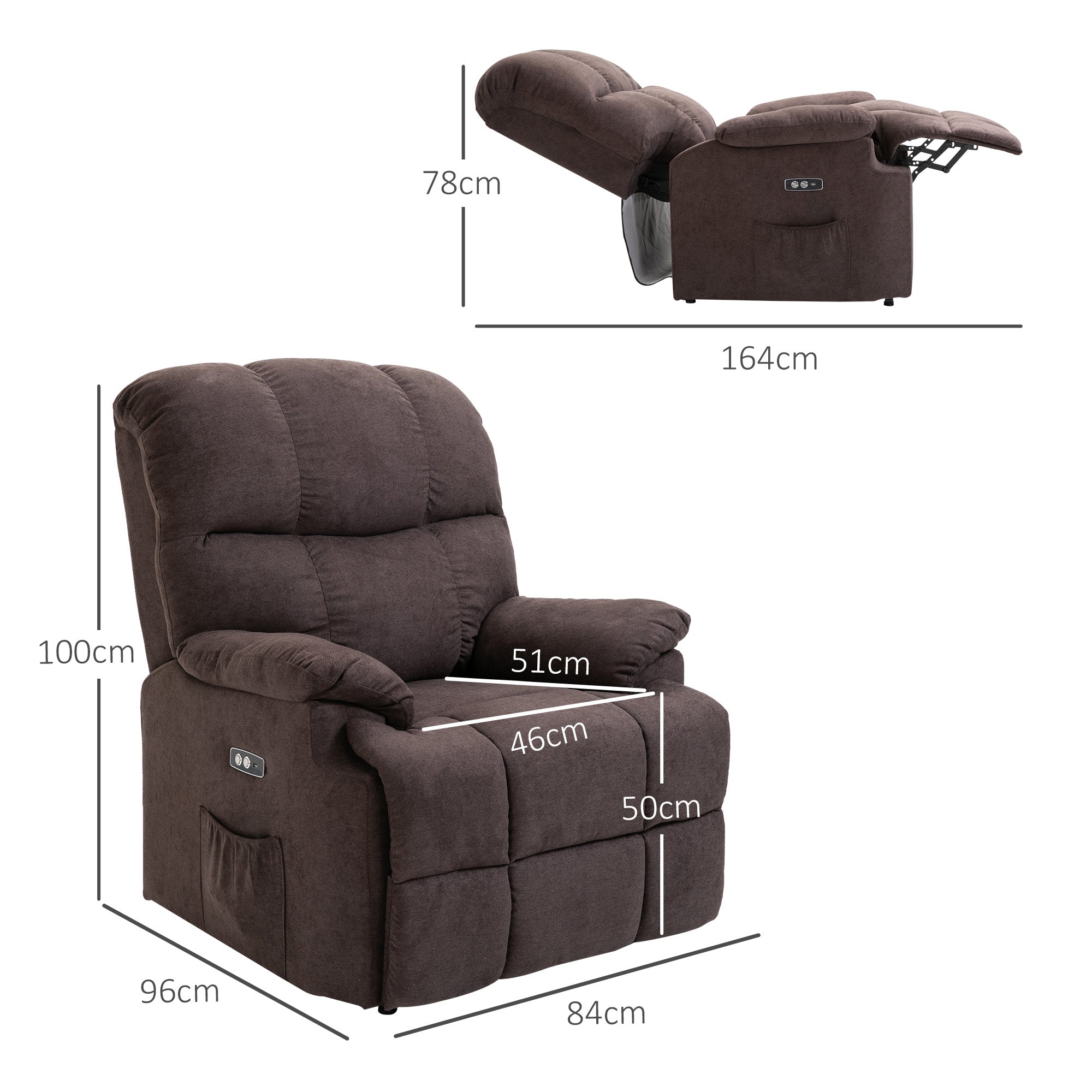 Electric Lift Recliner Chair, 150° Reclining, Electric Relax Chair in Velvet with USB Connector, Motor, Footrest and Side Pockets for the Elderly, Brown