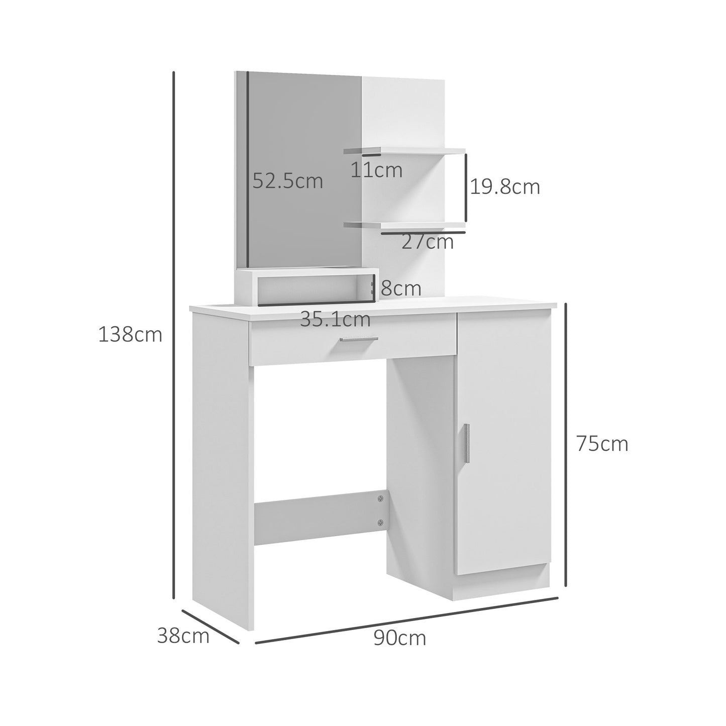 Makeup Table with Cabinet, Drawer, Open Shelves and Mirror, 90x38x138 cm, White