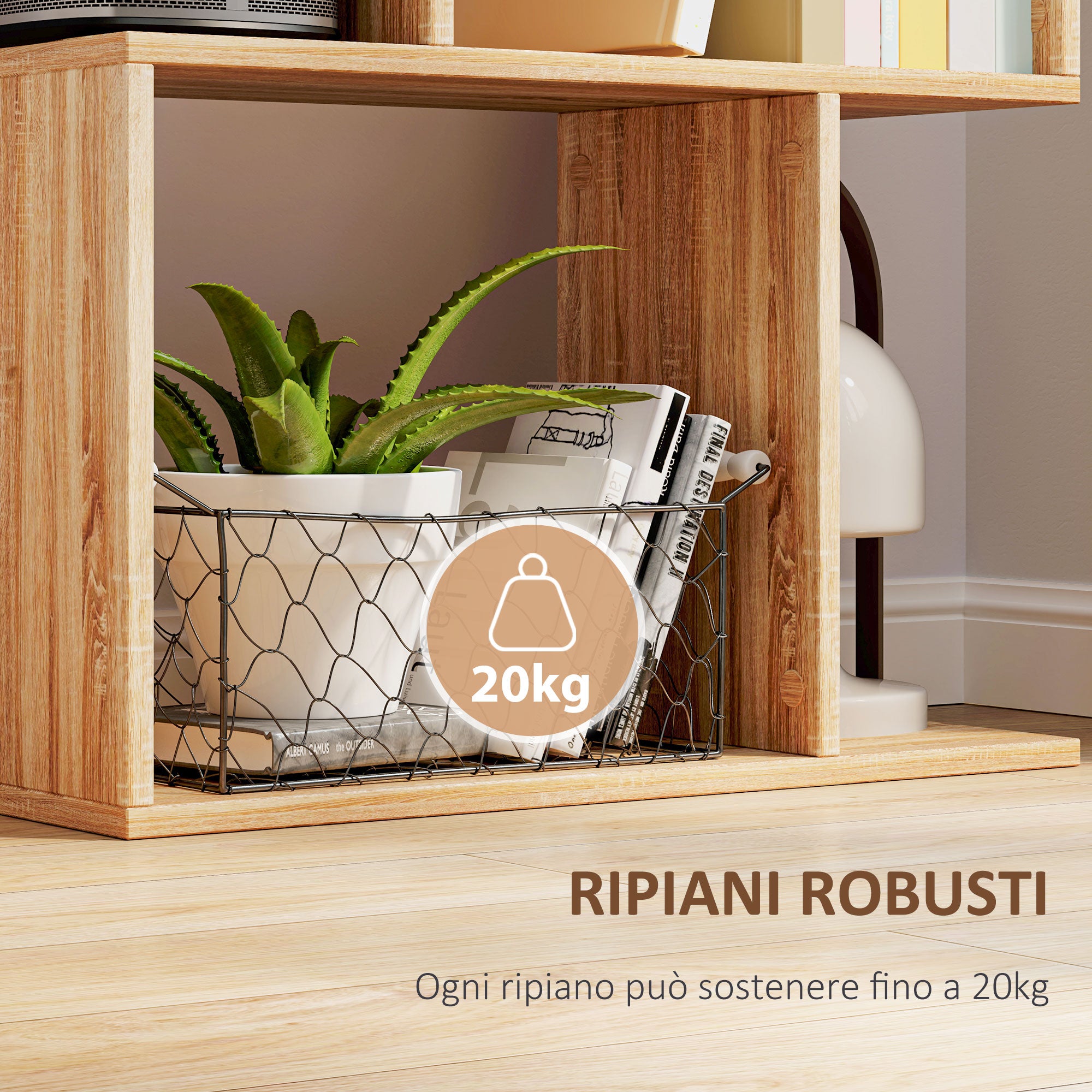 Wooden Bookcase Cabinet with 5 Shelves with Divider, 60x24x184.5 cm, Wood Color