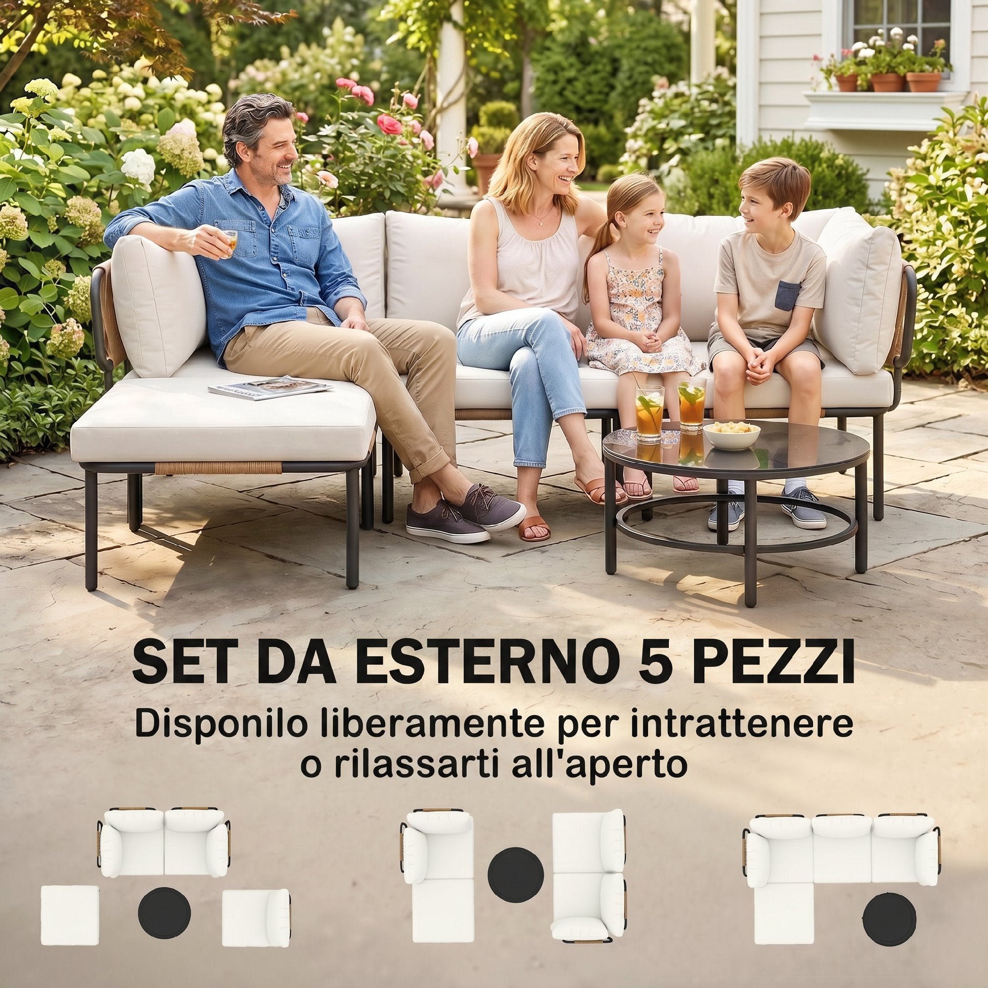 Outsunny 5-Piece Modular Rattan Garden Set with L-Shaped Sofa, Coffee Table, and Cushions, Khaki