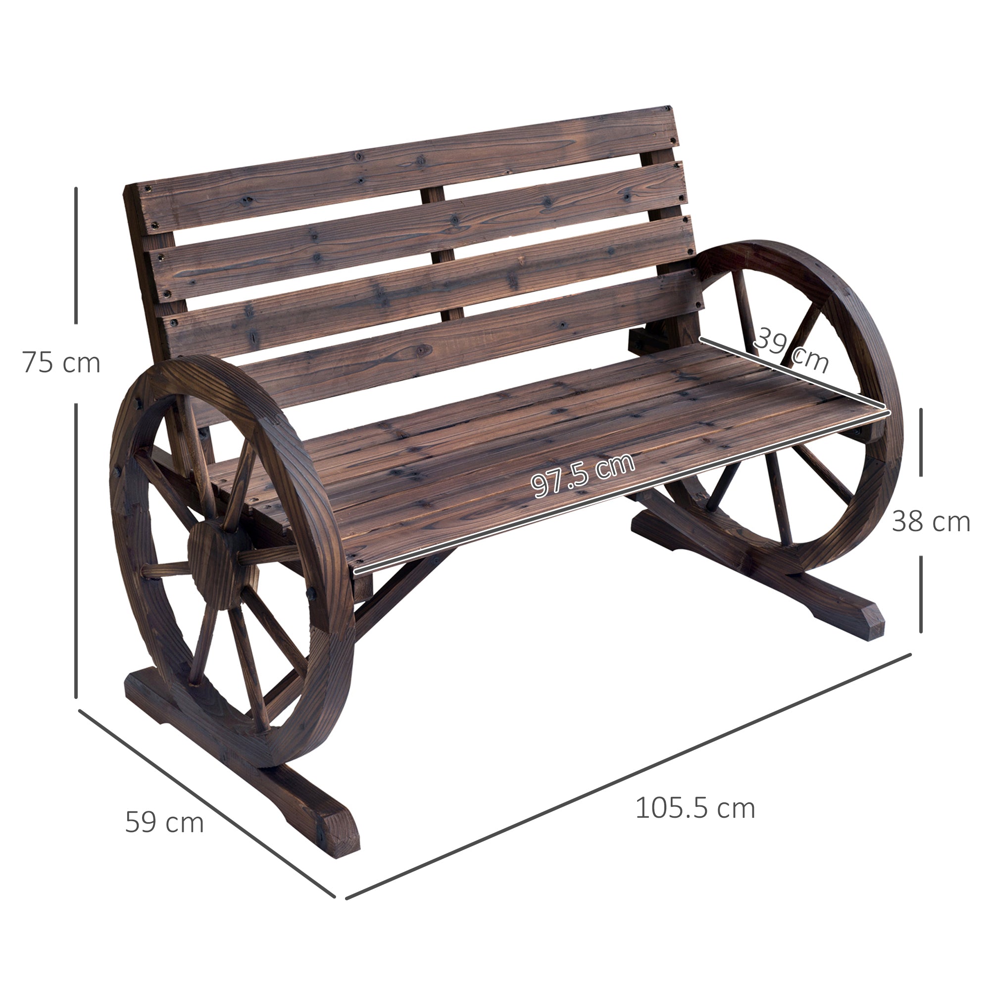 2-Seater Outdoor Bench, Country Style Garden Bench with Wooden Wheel Armrests, 105.5x59x75cm Brown