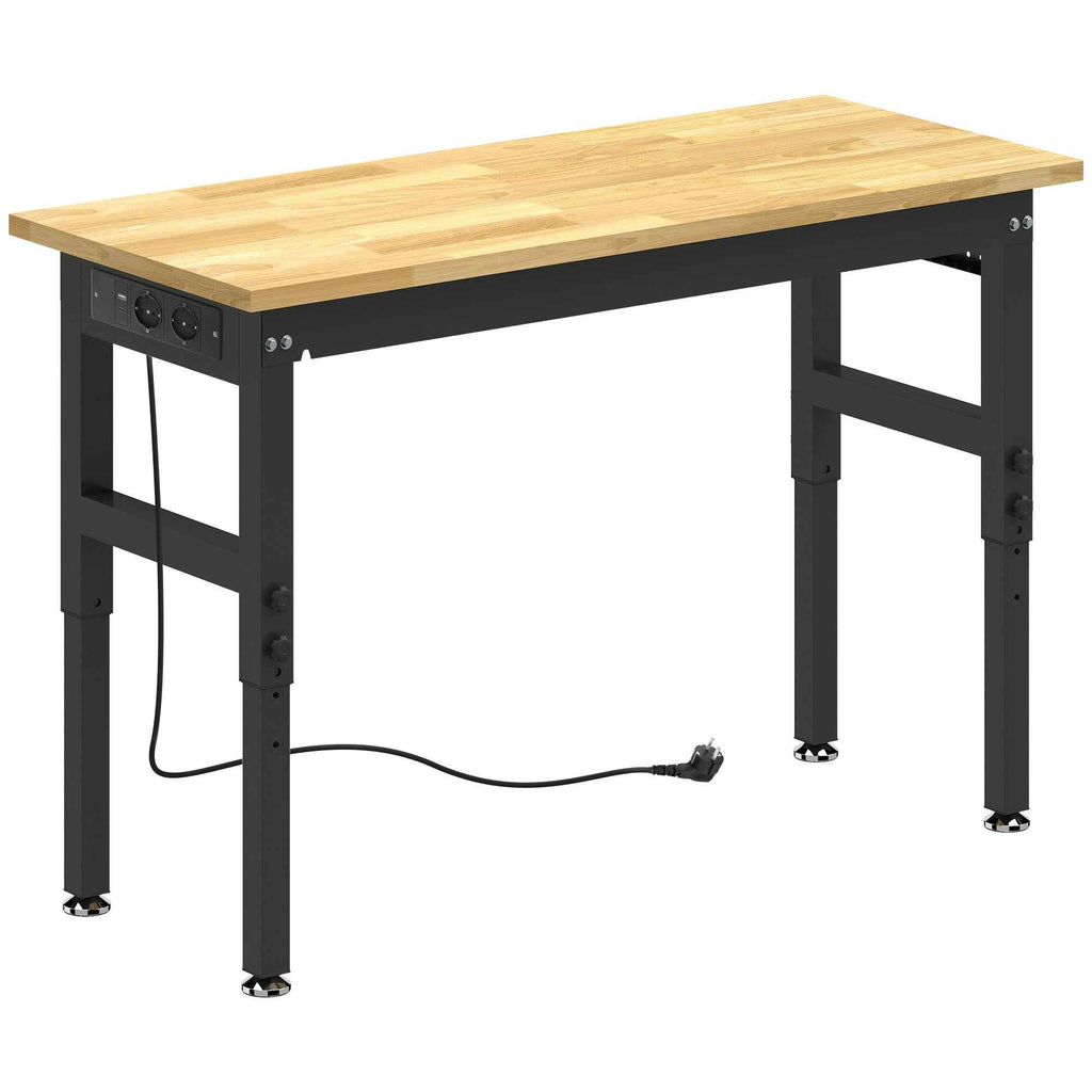HOMCOM Height-Adjustable Wood and Steel Workbench, 2 AC Outlets, 900 kg Capacity, Wood and Black Color
