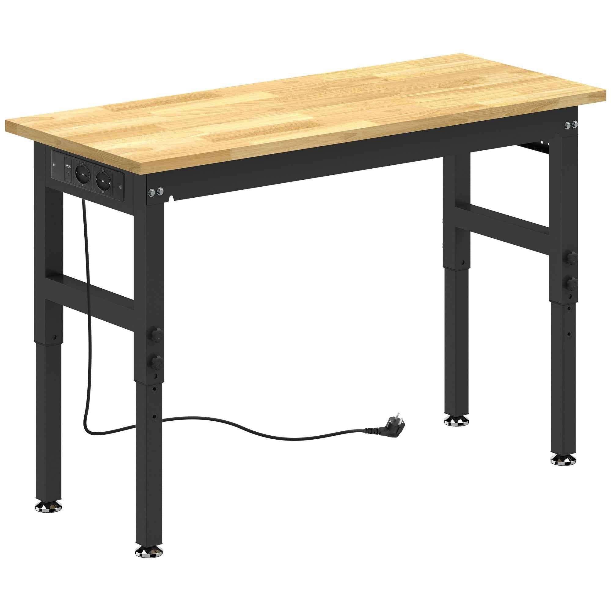 HOMCOM Height-Adjustable Wood and Steel Workbench, 2 AC Outlets, 900 kg Capacity, Wood and Black Color
