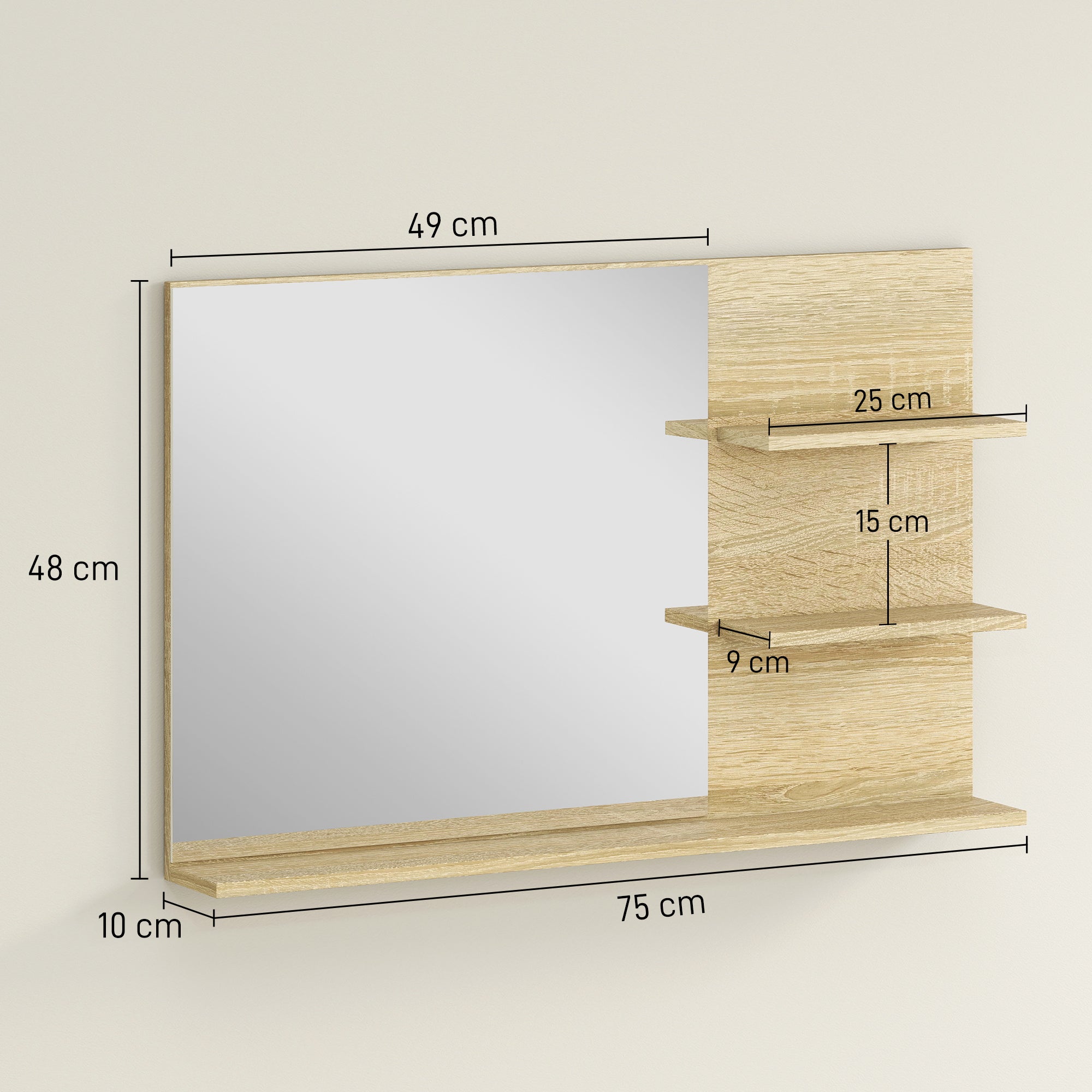 Modern Bathroom Mirror with 2 Side Shelves and Bottom Shelf, in Wood and Glass, 75x10x48 cm, Wood Color
