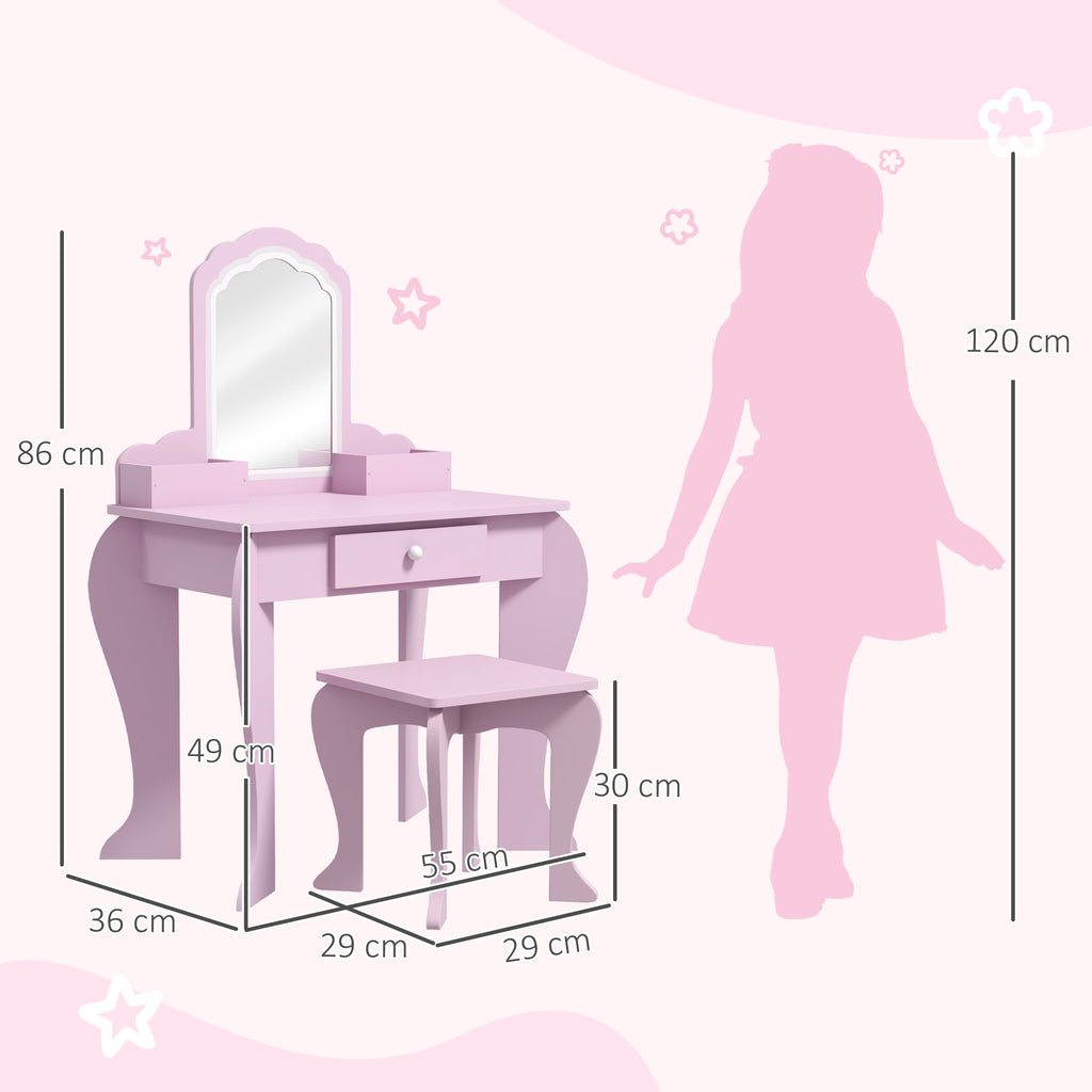 Girls' Dressing Table Set with Makeup Mirror and Matching Wooden Stool, Drawer and Storage, Pink