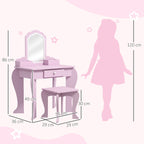 Girls' Dressing Table Set with Makeup Mirror and Matching Wooden Stool, Drawer and Storage, Pink