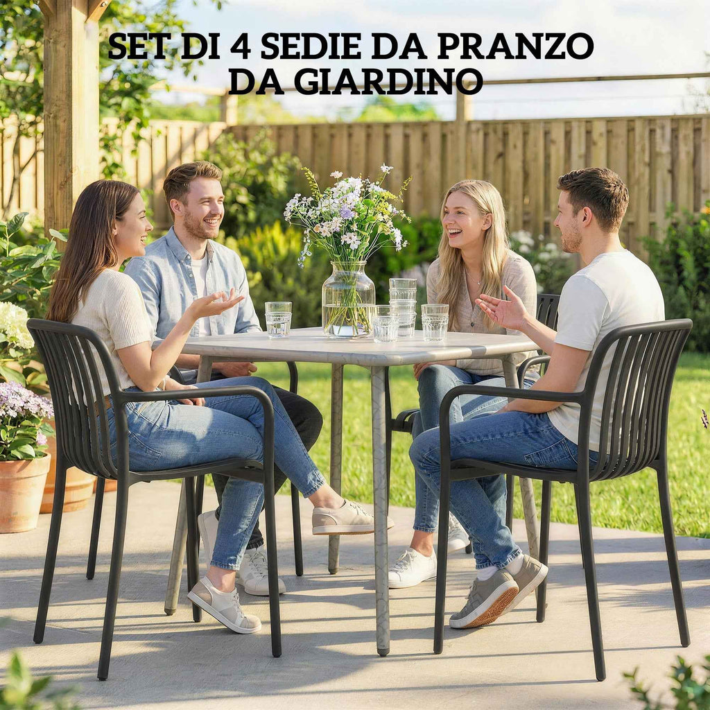 Outsunny Set of 4 Stackable Patio Chairs, Outdoor Dining Chairs with Curved Backrest, Slatted Seat and Armrests