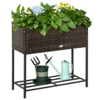 Outsunny Raised Garden Bed, Wicker-Effect Planter with Shelf, Raised Garden Bed for Indoor and Outdoor Use, Brown (70cm x 30cm x 70cm)