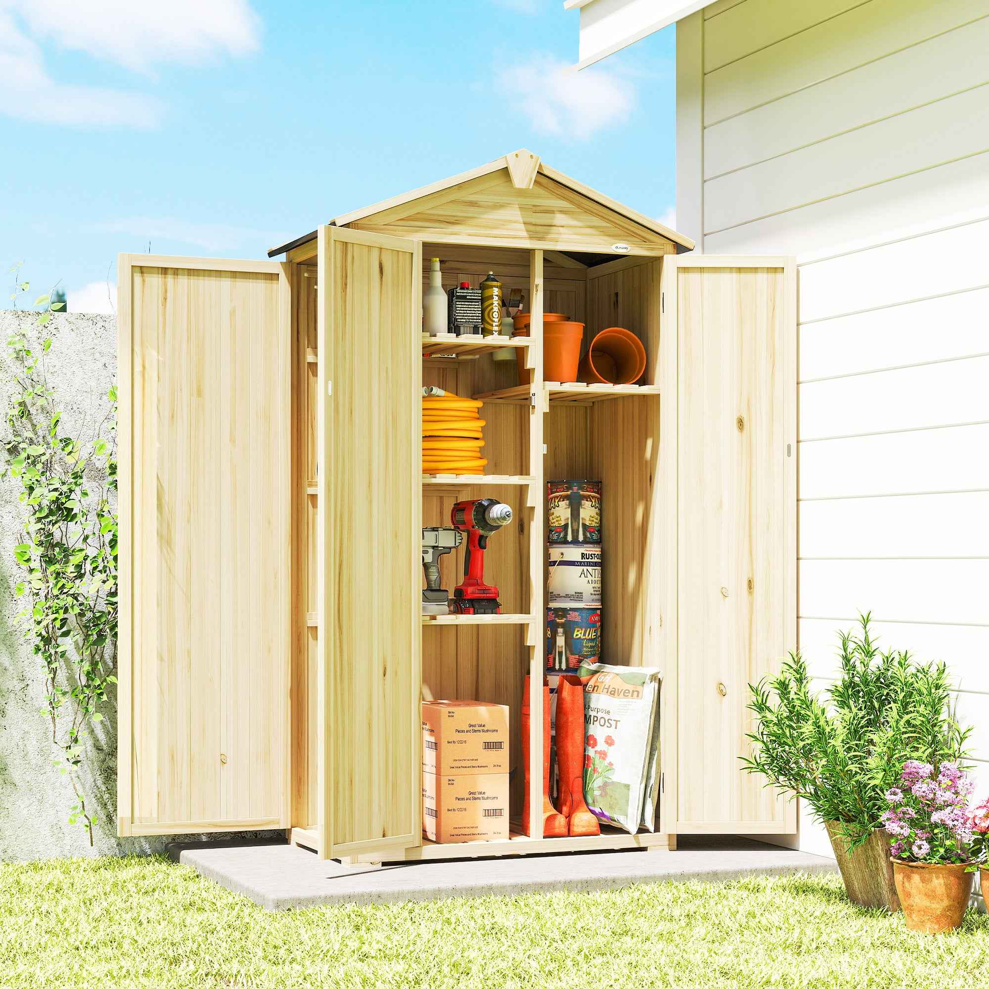 Outsunny 3-Door Garden Cabinet with 4 Shelves and Hooks, in Fir Wood, 93x53x168 cm, Wood Color