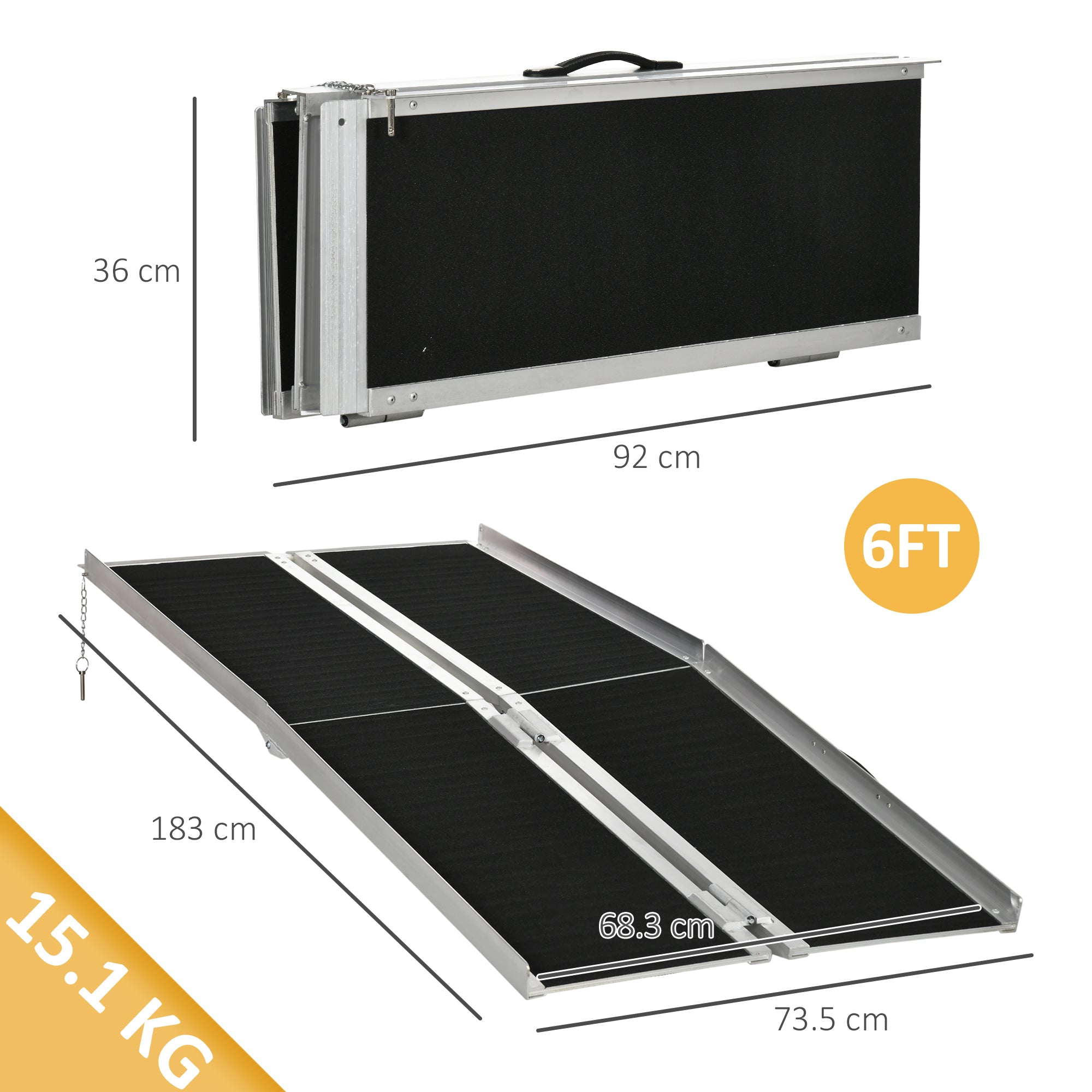 Folding Aluminum Wheelchair Ramp with Non-Slip Coating and Safety Edges, 183 x 73.5 cm, Black