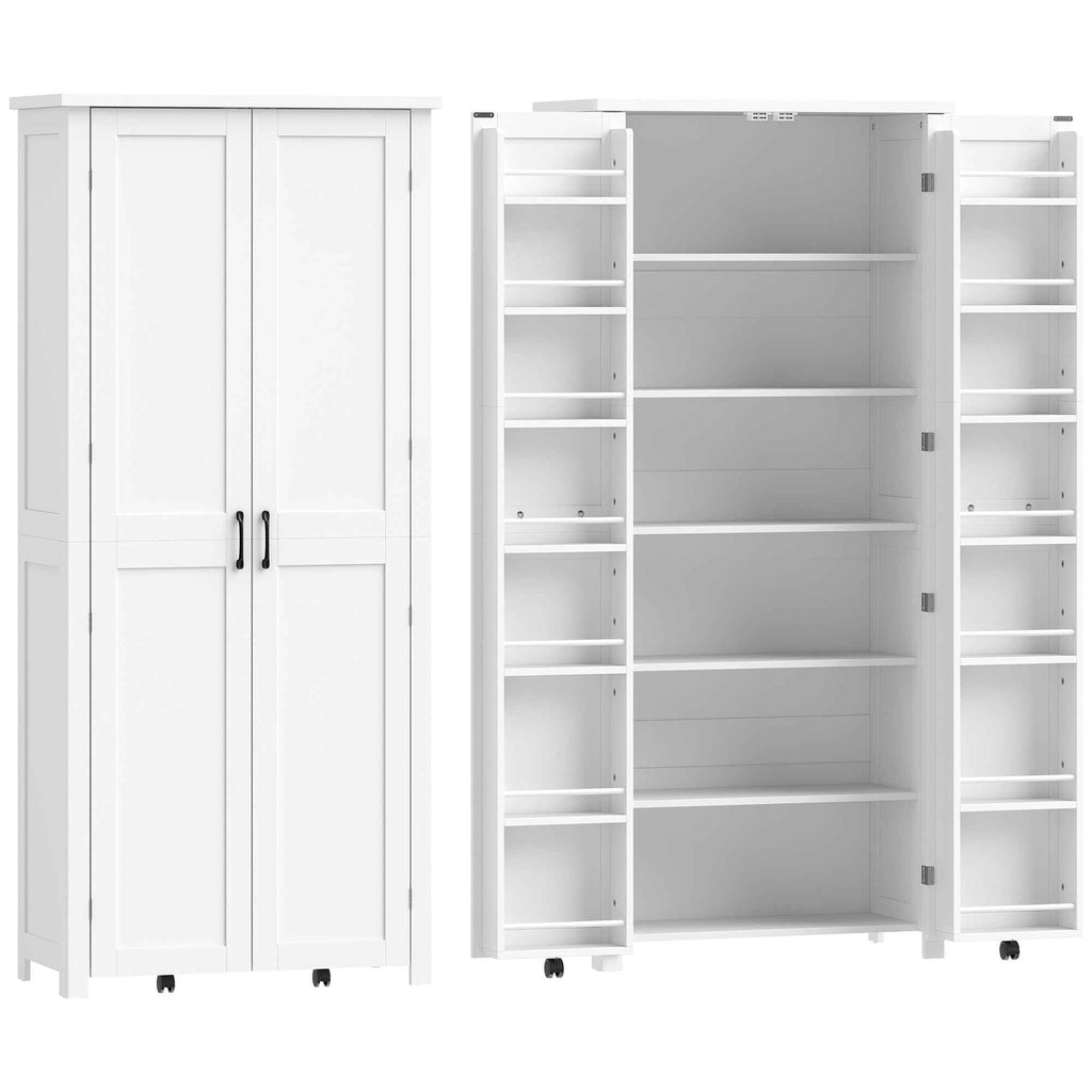 HOMCOM Tall Kitchen Cabinet with Wheels, 2 Doors, 14 Compartments, 80x40x180 cm, White