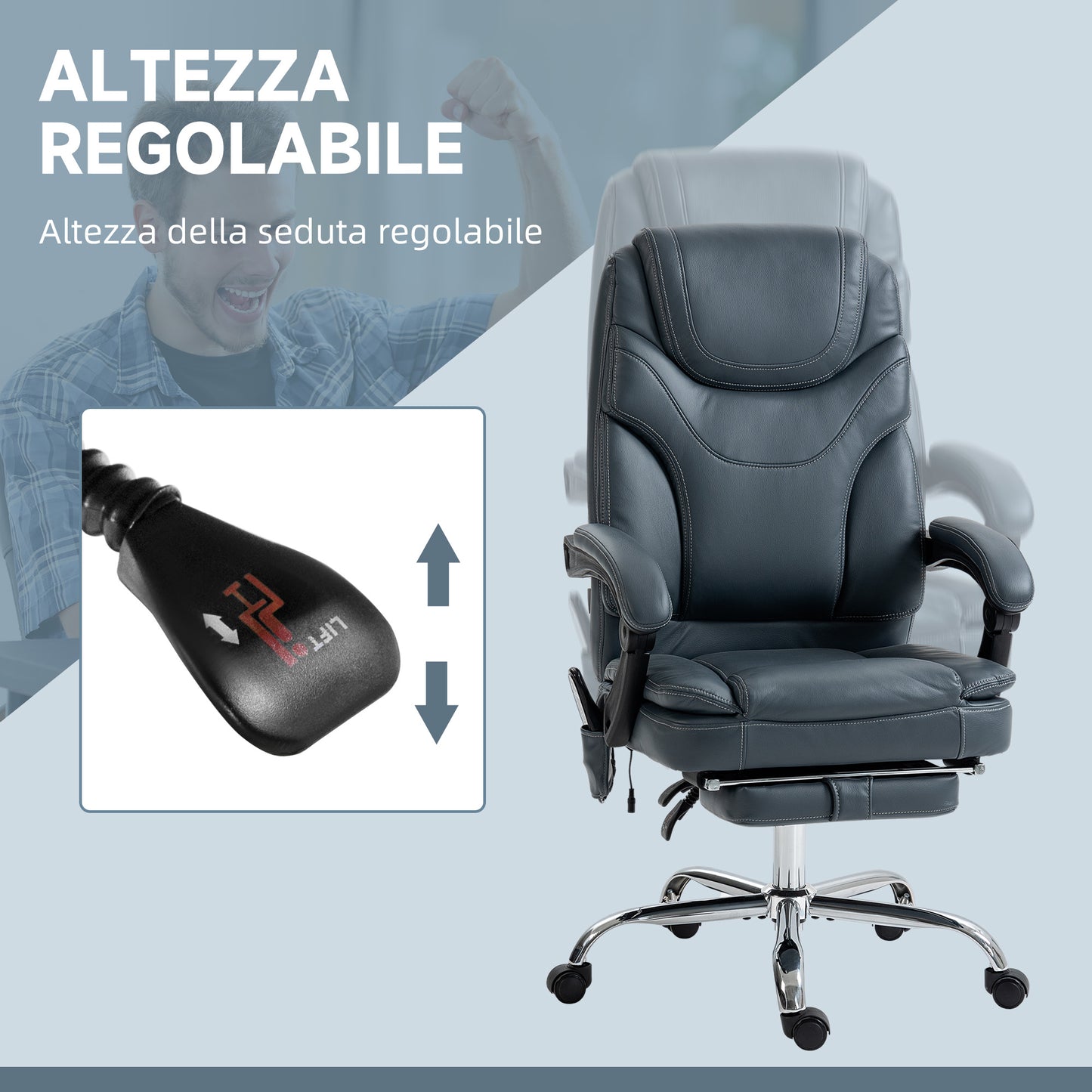 Office Chair with Massage and Heat with Footrest, in PU Leather and Steel, 67x67x113-121 cm, Grey