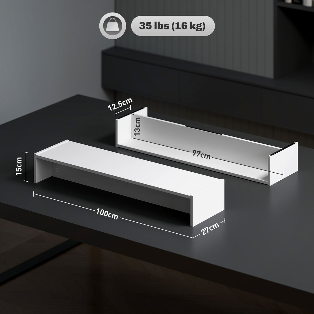 Monitor Stand with 2 Wooden Storage Compartments, 100x27x15 cm, White