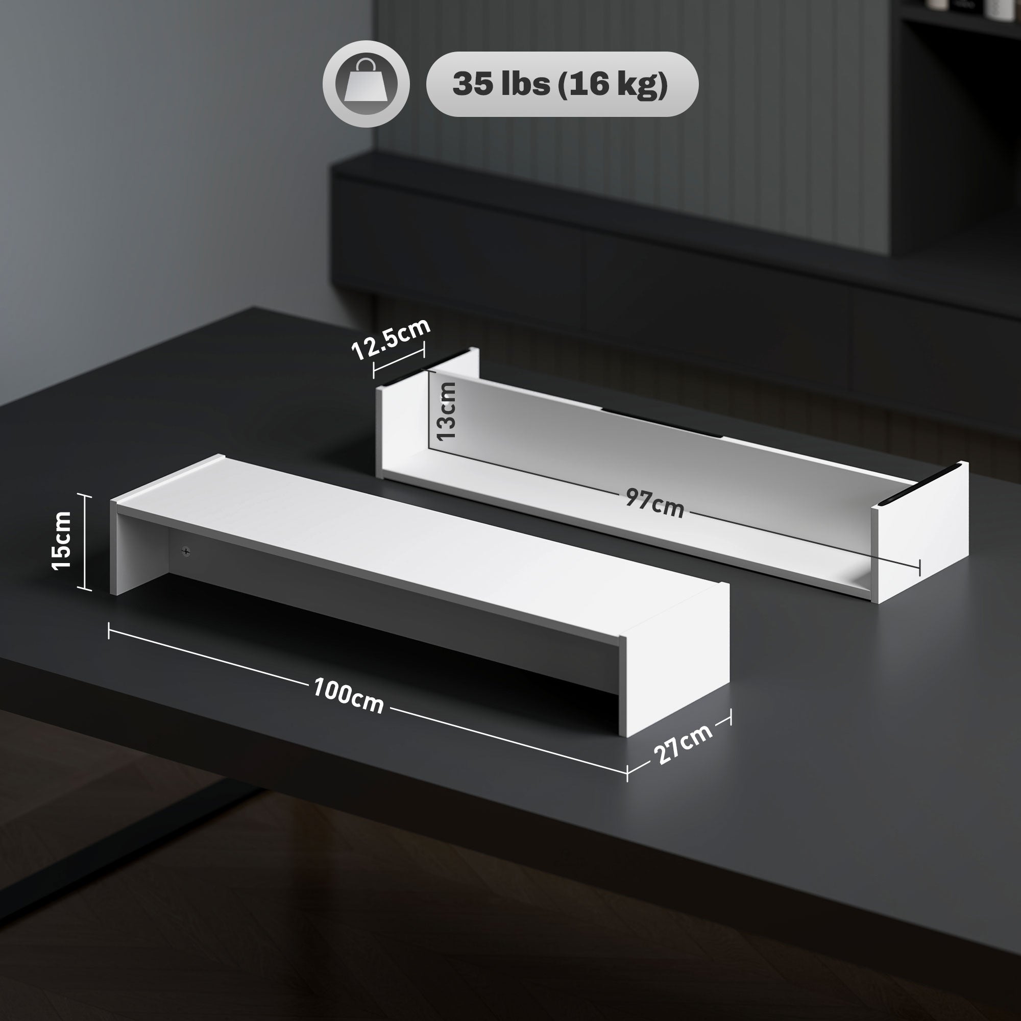 Monitor Stand with 2 Wooden Storage Compartments, 100x27x15 cm, White