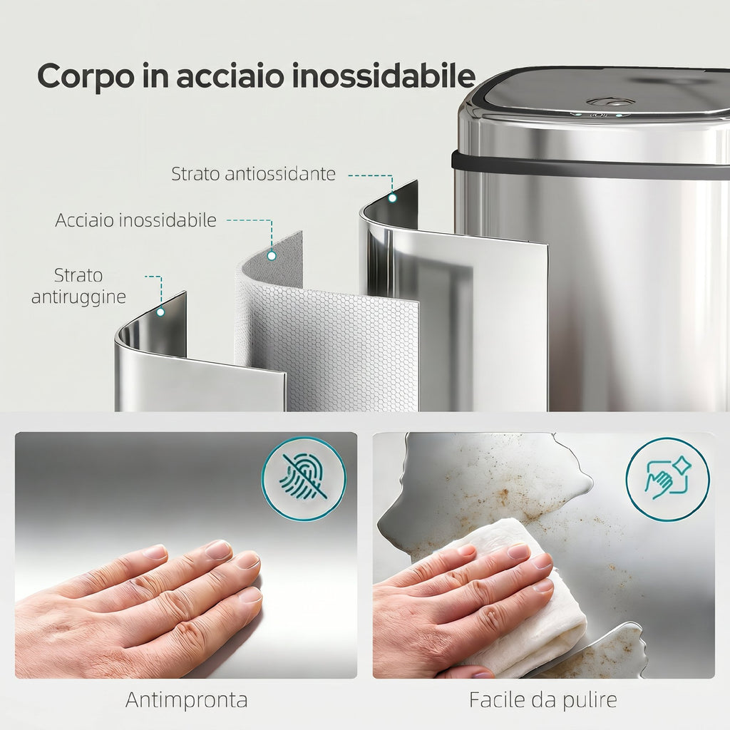 HOMCOM 50L Stainless Steel Infrared Sensor Trash Can with 2 Opening Modes, Silver