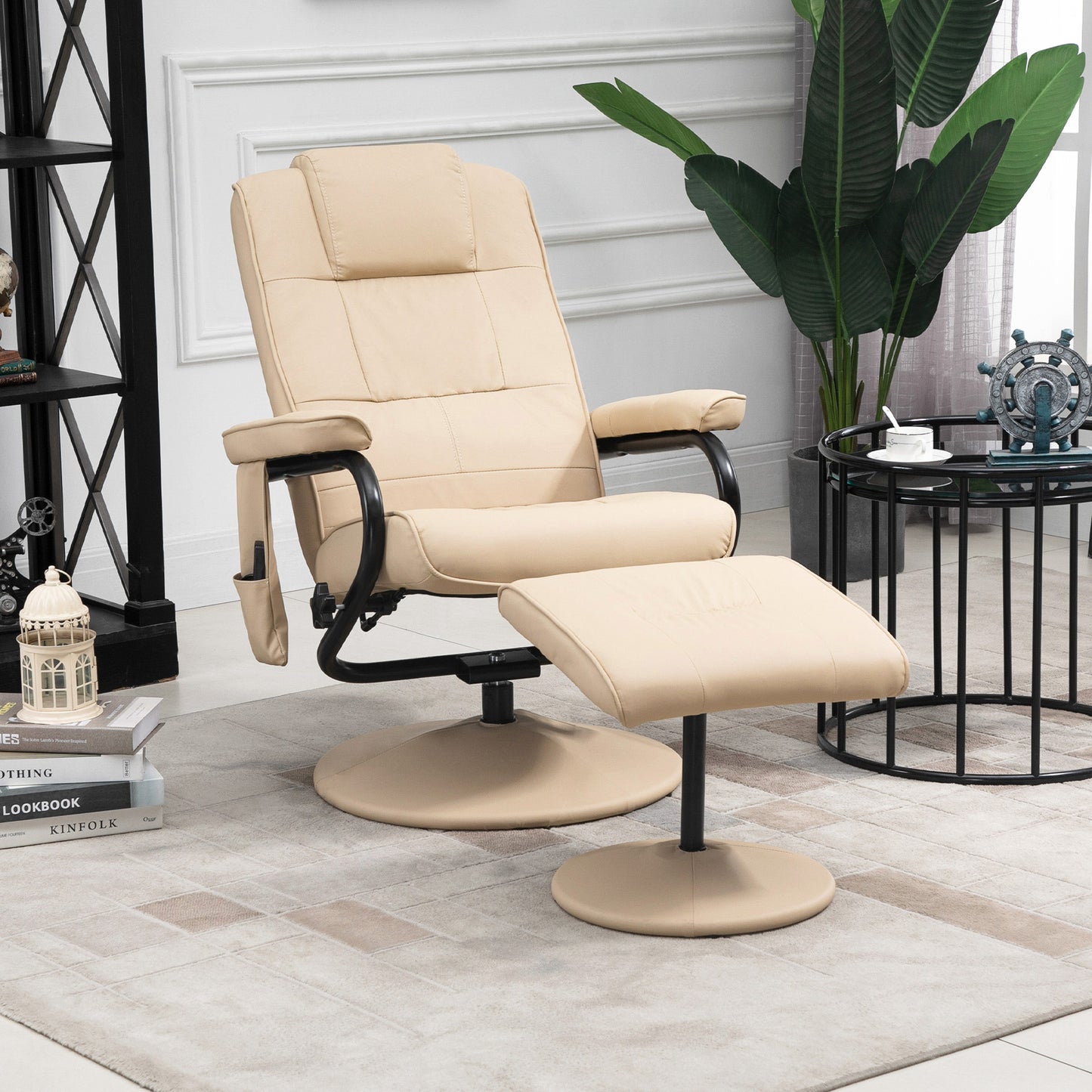 Relaxing Chair with Footrest, Reclining Armchair 145° with 10 Massage Points and Remote Control in Faux Leather, Cream