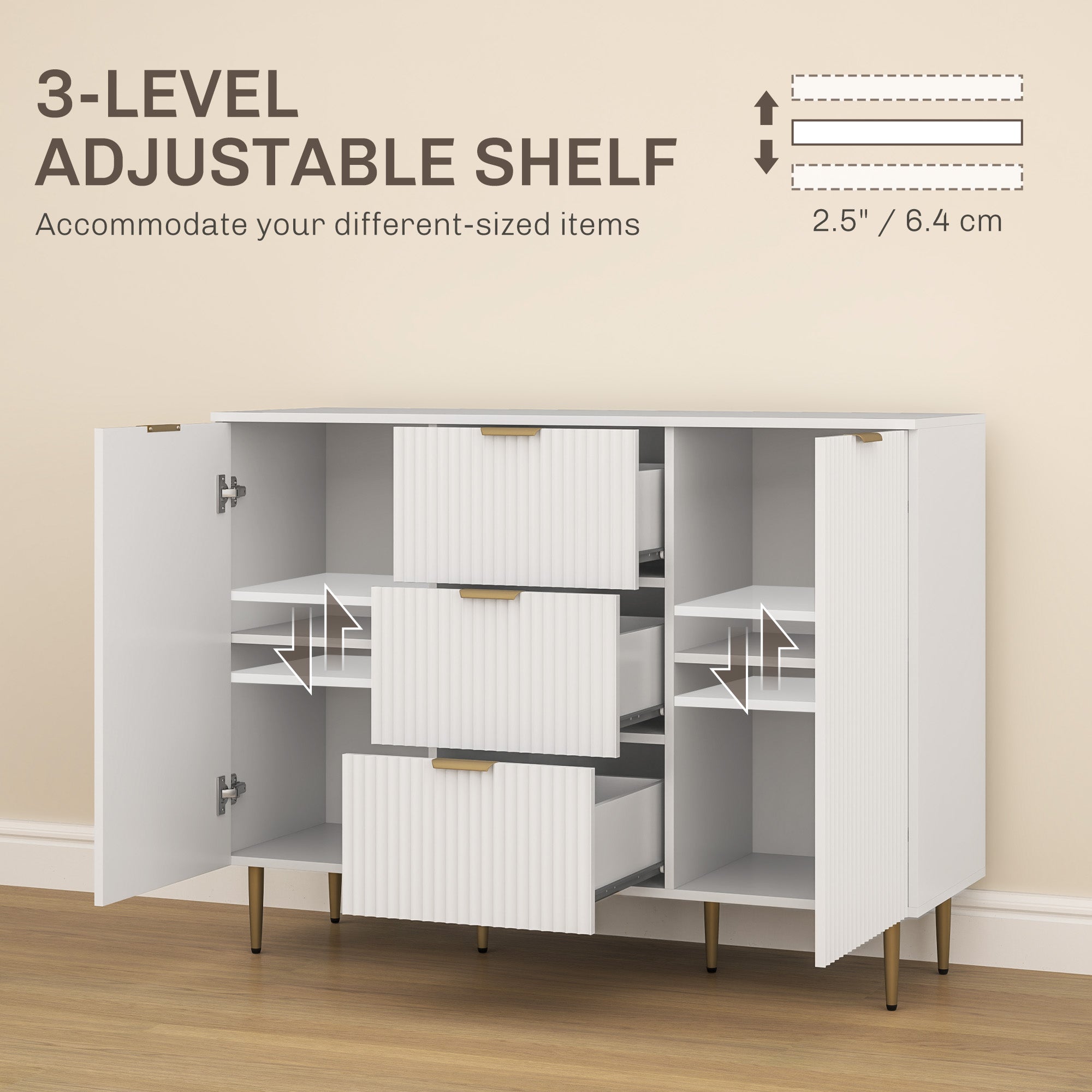Modern Sideboard with 3 Drawers, 2 Cabinets and Adjustable Shelves, Wood and Metal, White