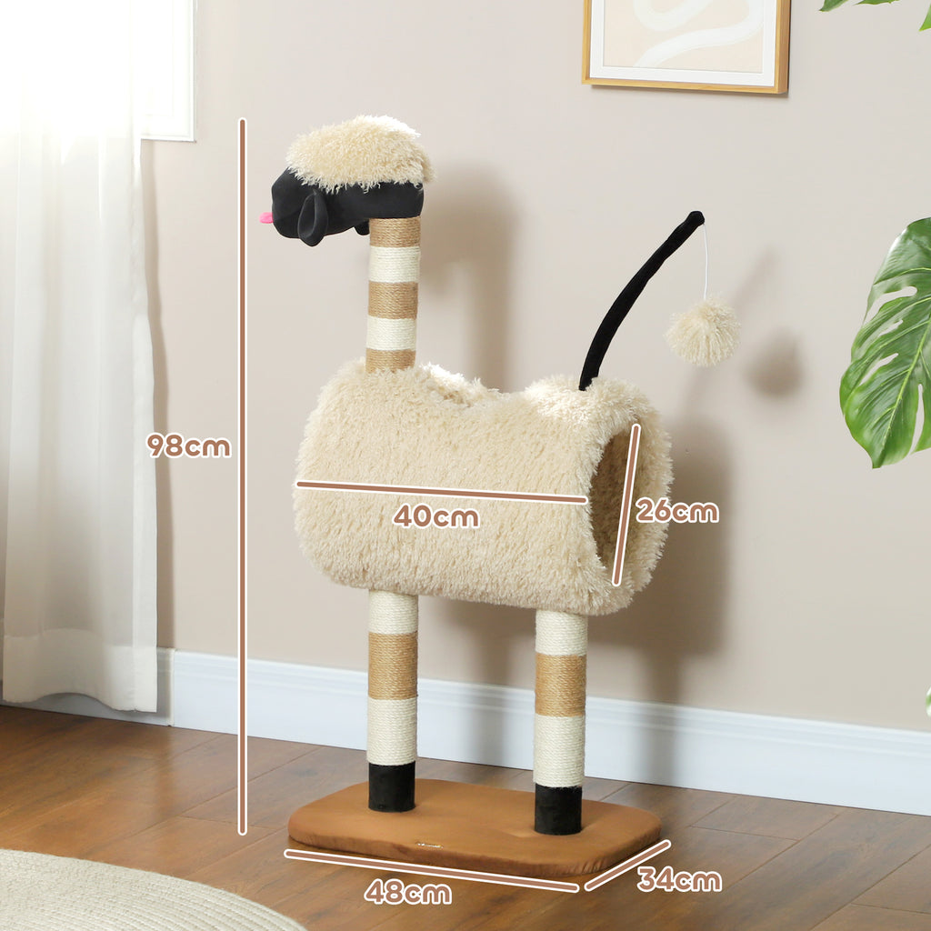 PawHut Sheep Cat Tree with Black Nose, Jute Posts, Tunnel and Ball, Light Brown