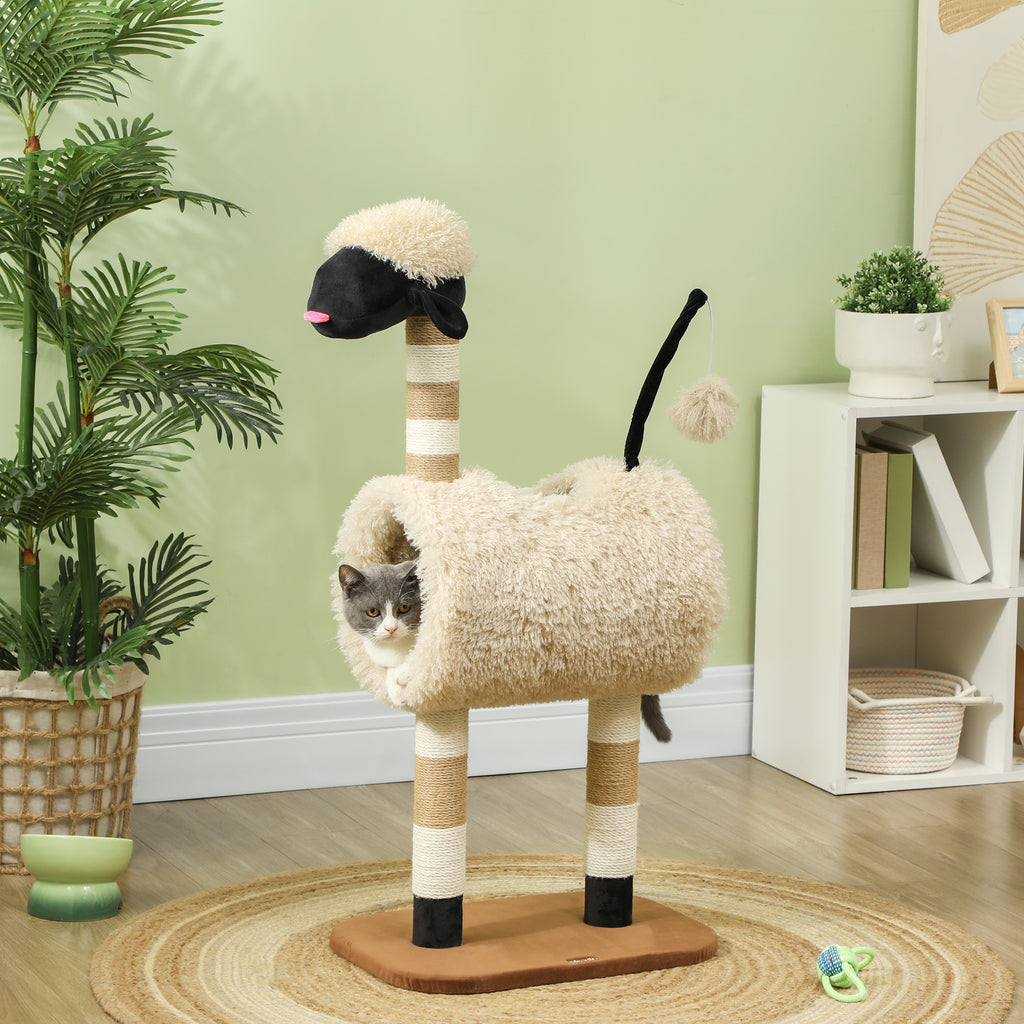 PawHut Sheep Cat Tree with Black Nose, Jute Posts, Tunnel and Ball, Light Brown