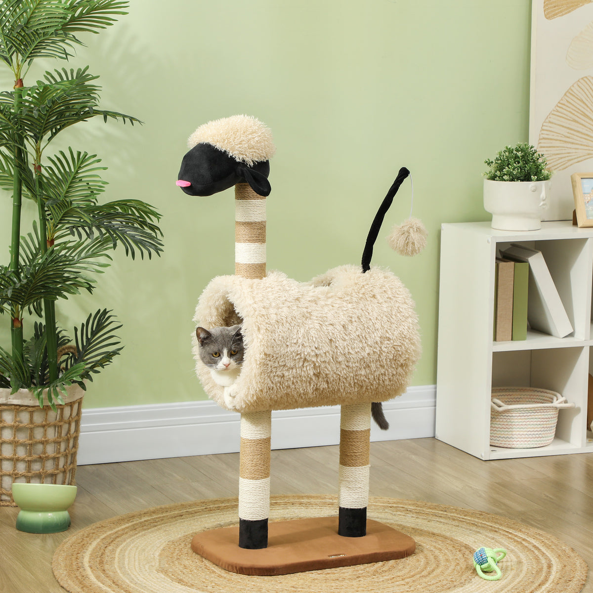PawHut Sheep Cat Tree with Black Nose, Jute Posts, Tunnel and Ball, Light Brown