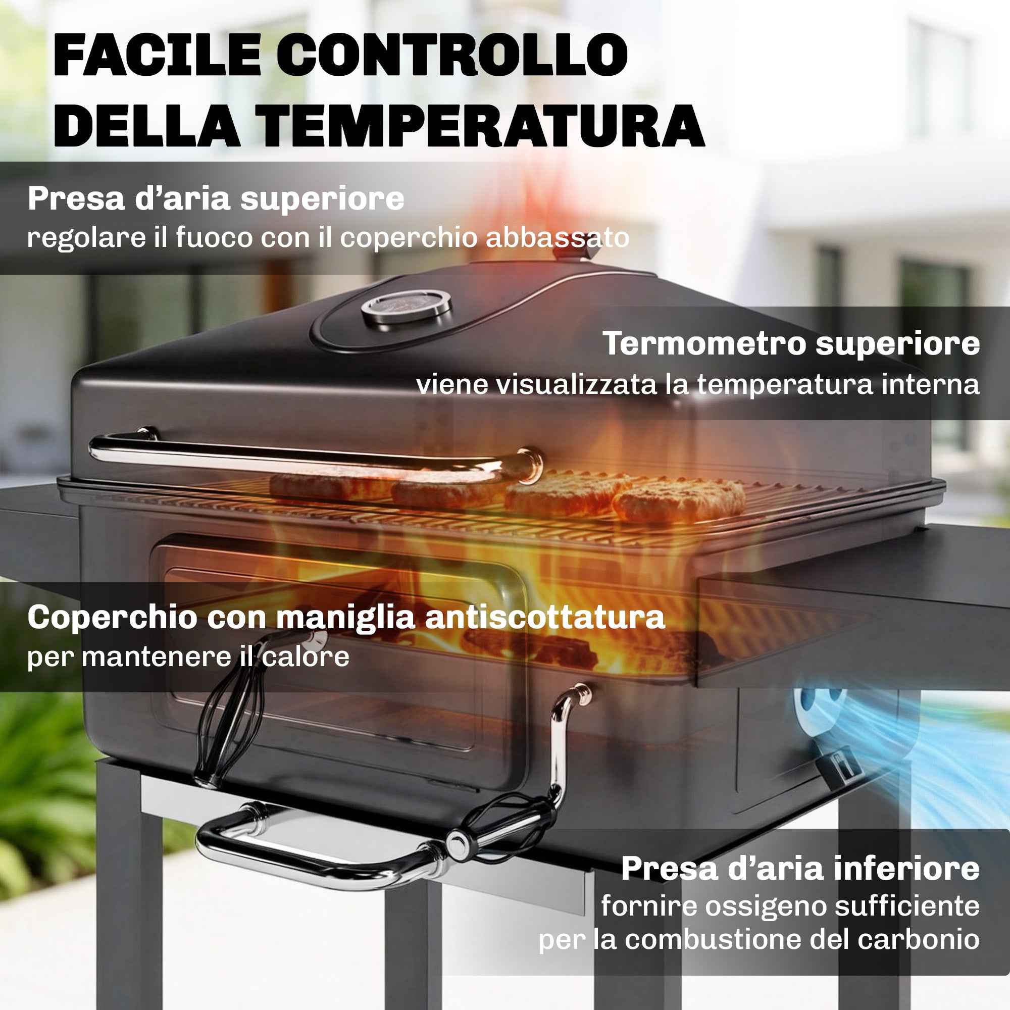Outsunny Charcoal Barbecue, Portable Smoker with Ventilation, Thermometer and Side Shelves, Black