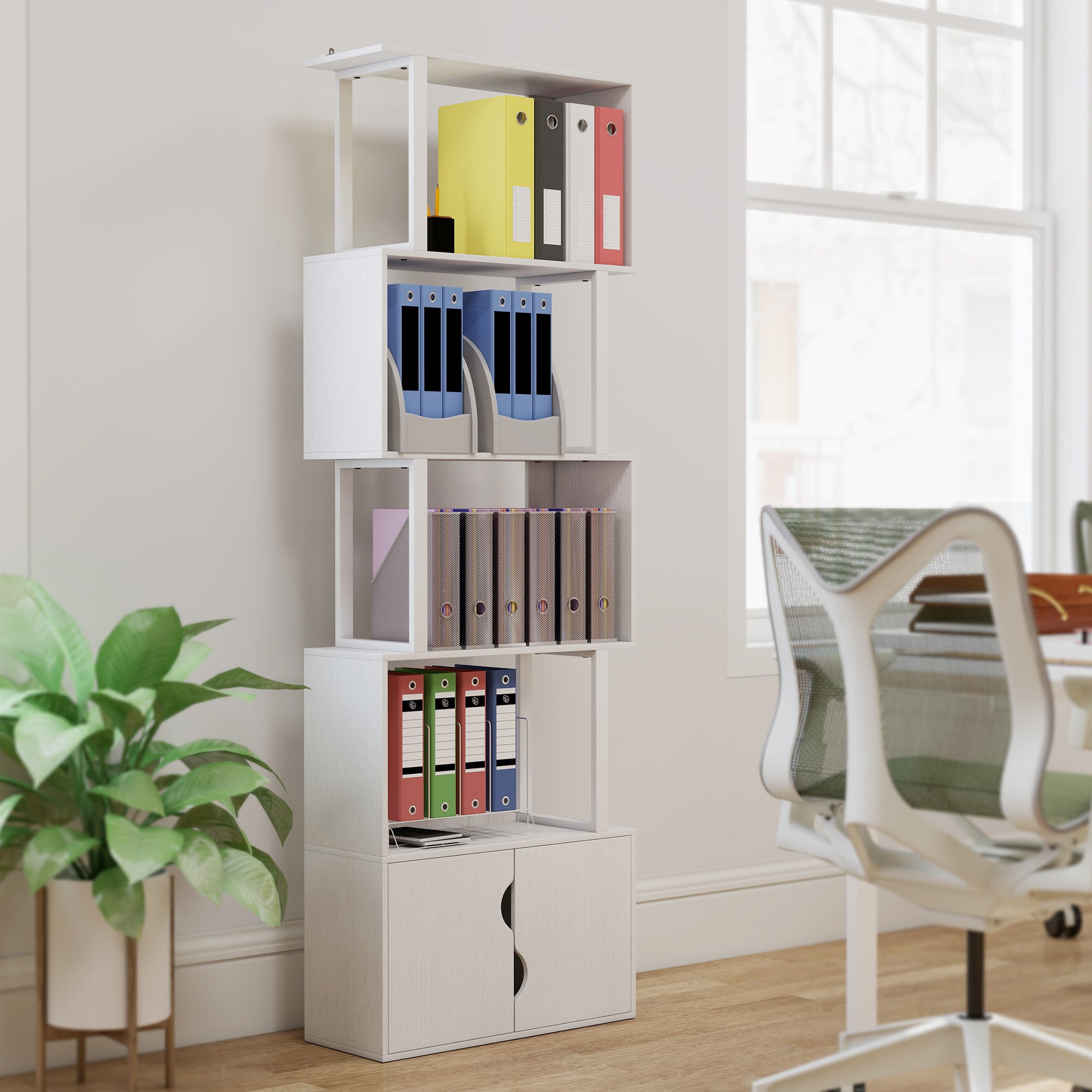 Modern Bookcase with 5 Shelves and 2-Door Wooden Cabinet, 60x23.8x179.2 cm, White