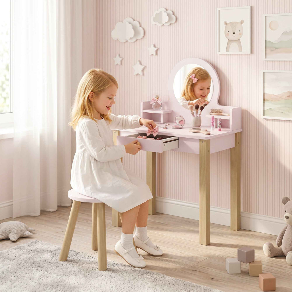 AIYAPLAY Girls' Dressing Table with Stool, Mirror, and Wooden Drawer, Ages 3-6, Pink