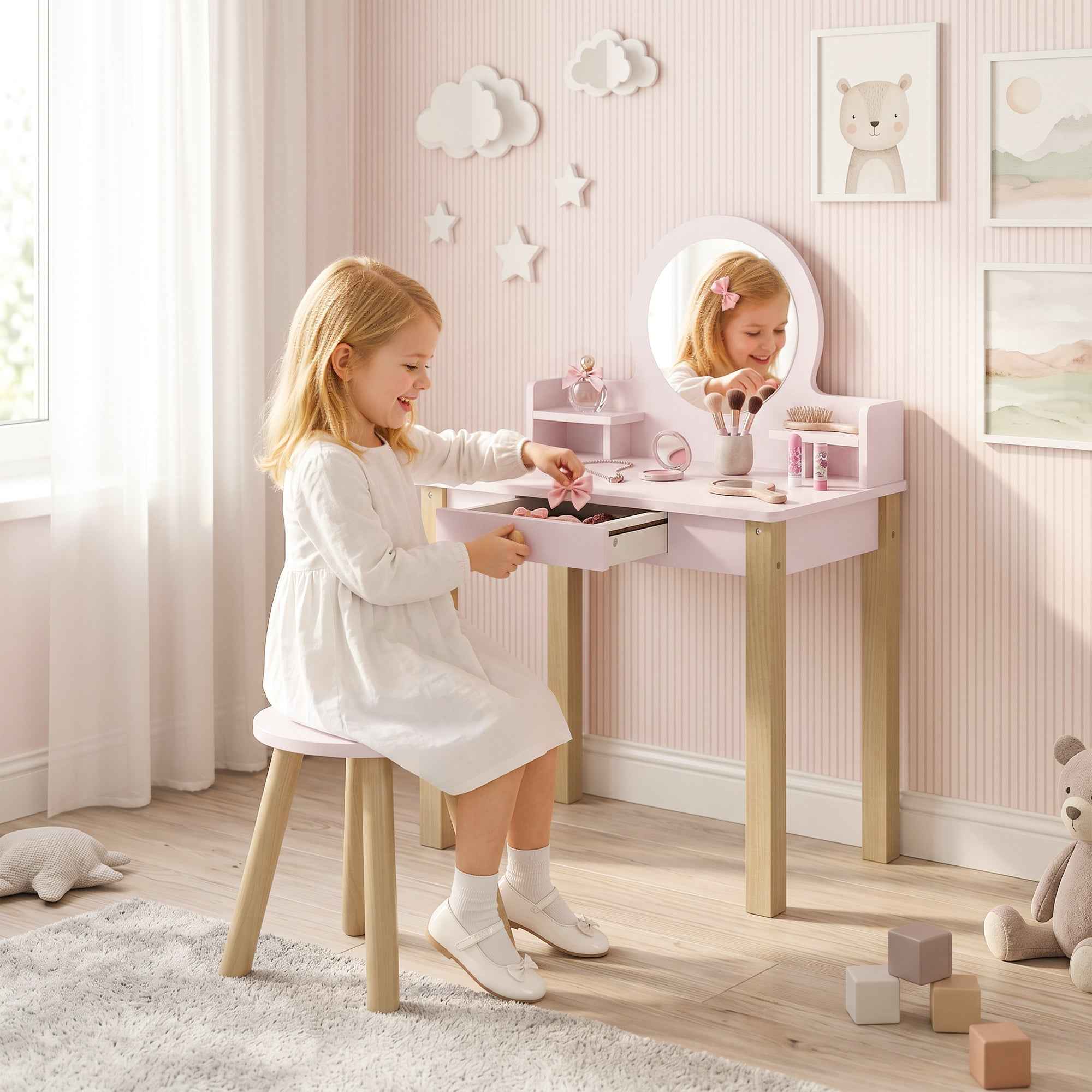 AIYAPLAY Girls' Dressing Table with Stool, Mirror, and Wooden Drawer, Ages 3-6, Pink