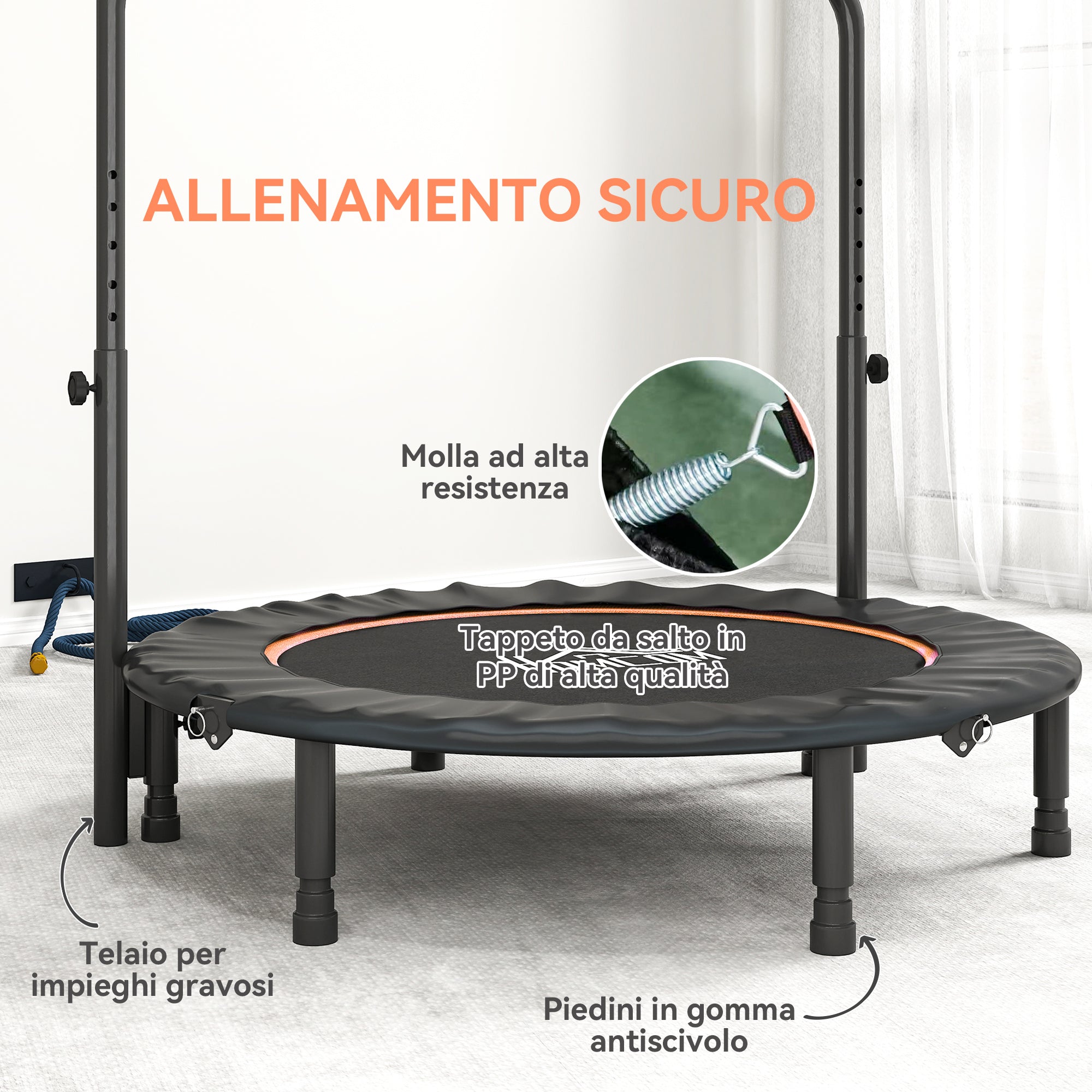 HOMCOM Mini Fitness Trampoline Ø114 cm Foldable with Height-Adjustable Handlebar, Orange and Black