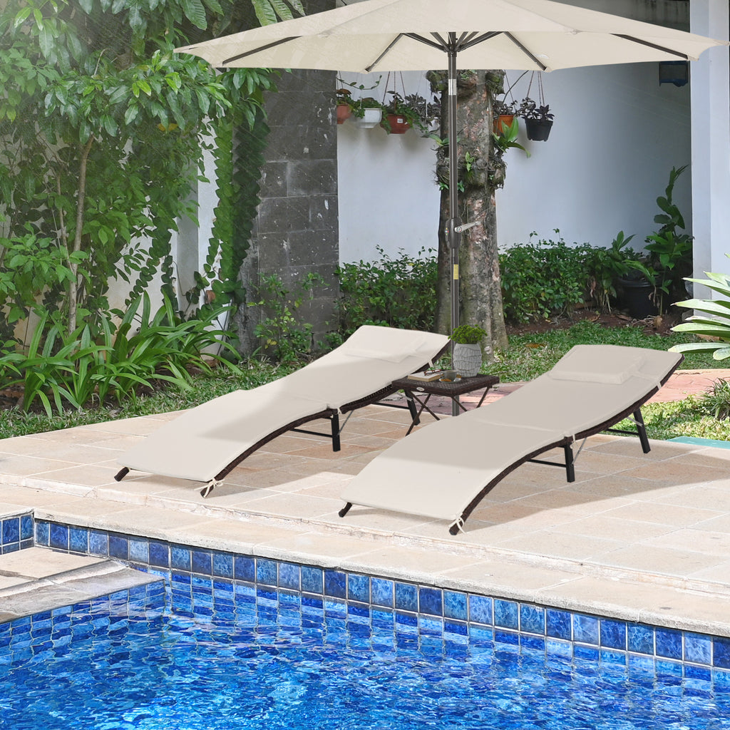Folding Sun Loungers with Removable Cushions and Folding Table, 3-Piece Rattan Set, Cream