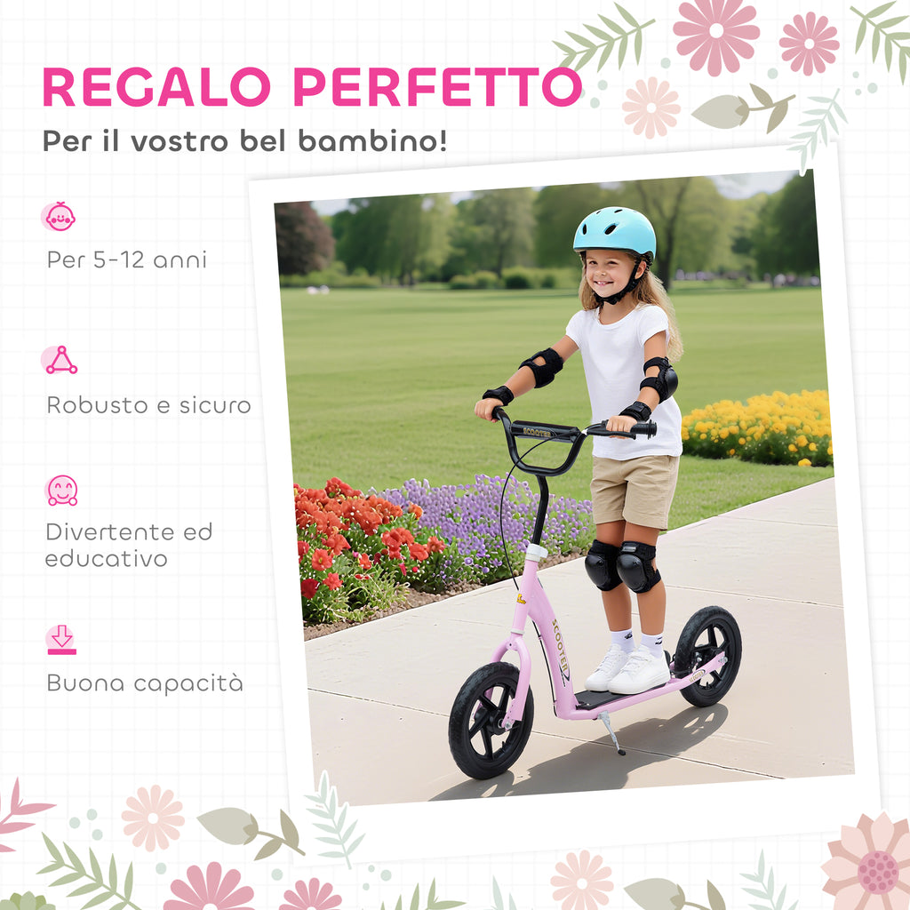 Kids Scooter for 5-12 Years Old with Rear Brake and Adjustable Handlebar, 120x52x80-88 cm, Pink