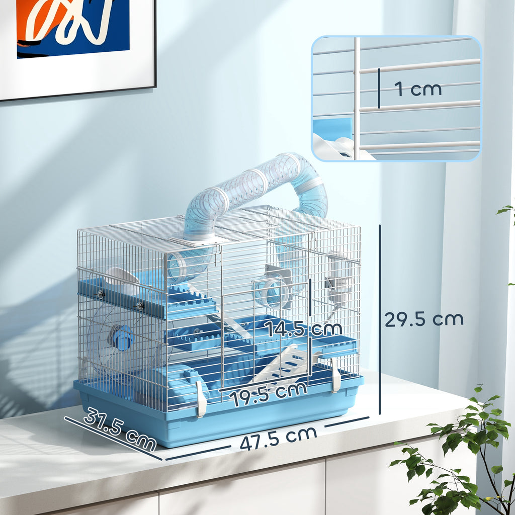 3-Story Hamster Cage with House, Wheel, Food Bowl, Bottle and Tubes, Light Blue