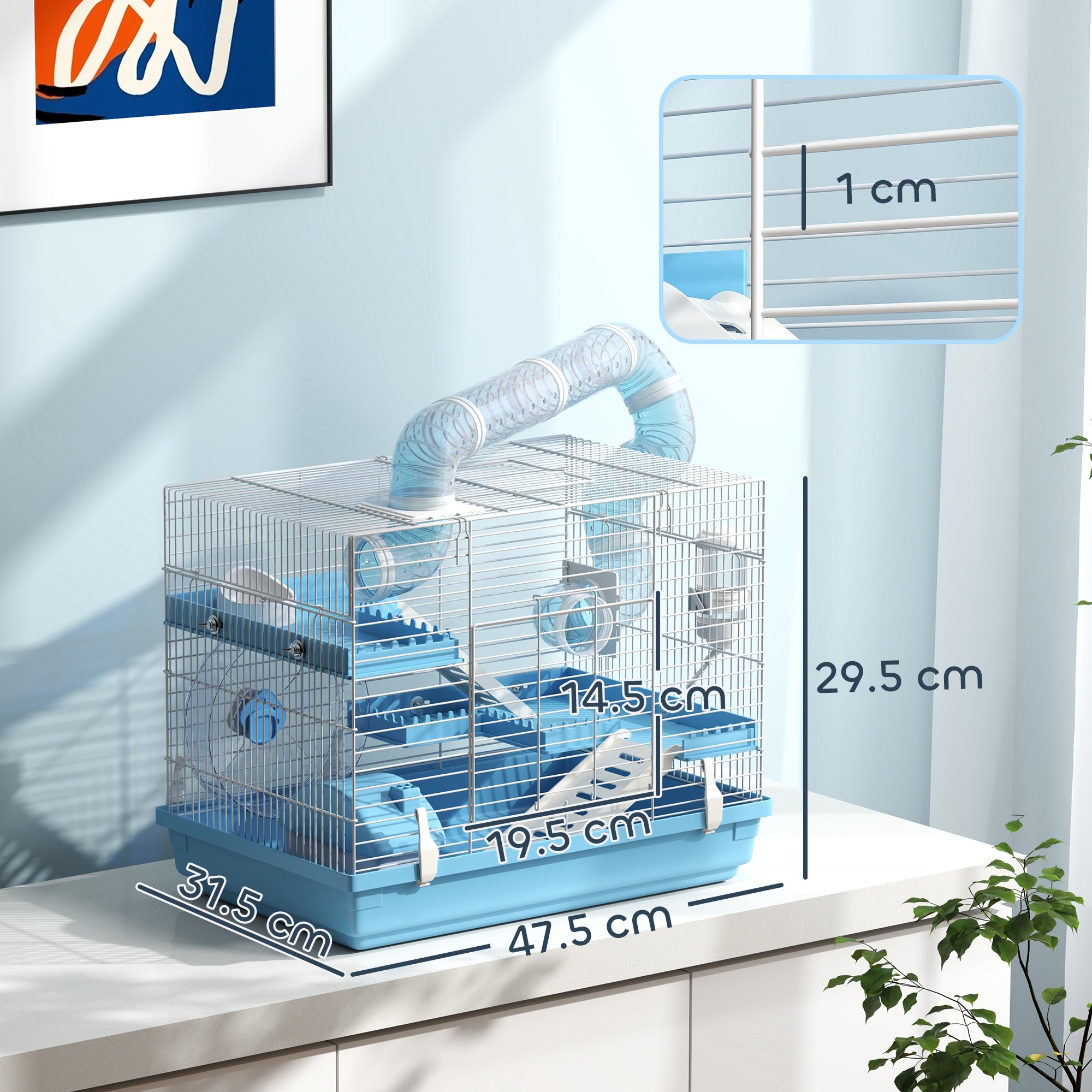 3-Story Hamster Cage with House, Wheel, Food Bowl, Bottle and Tubes, Light Blue