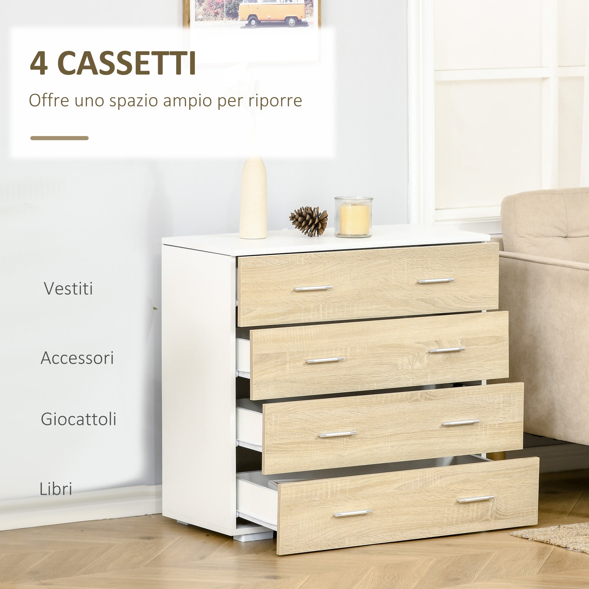 Chest of 4 Wooden Drawers and Aluminum Handles, 76x35x72cm, White and Oak