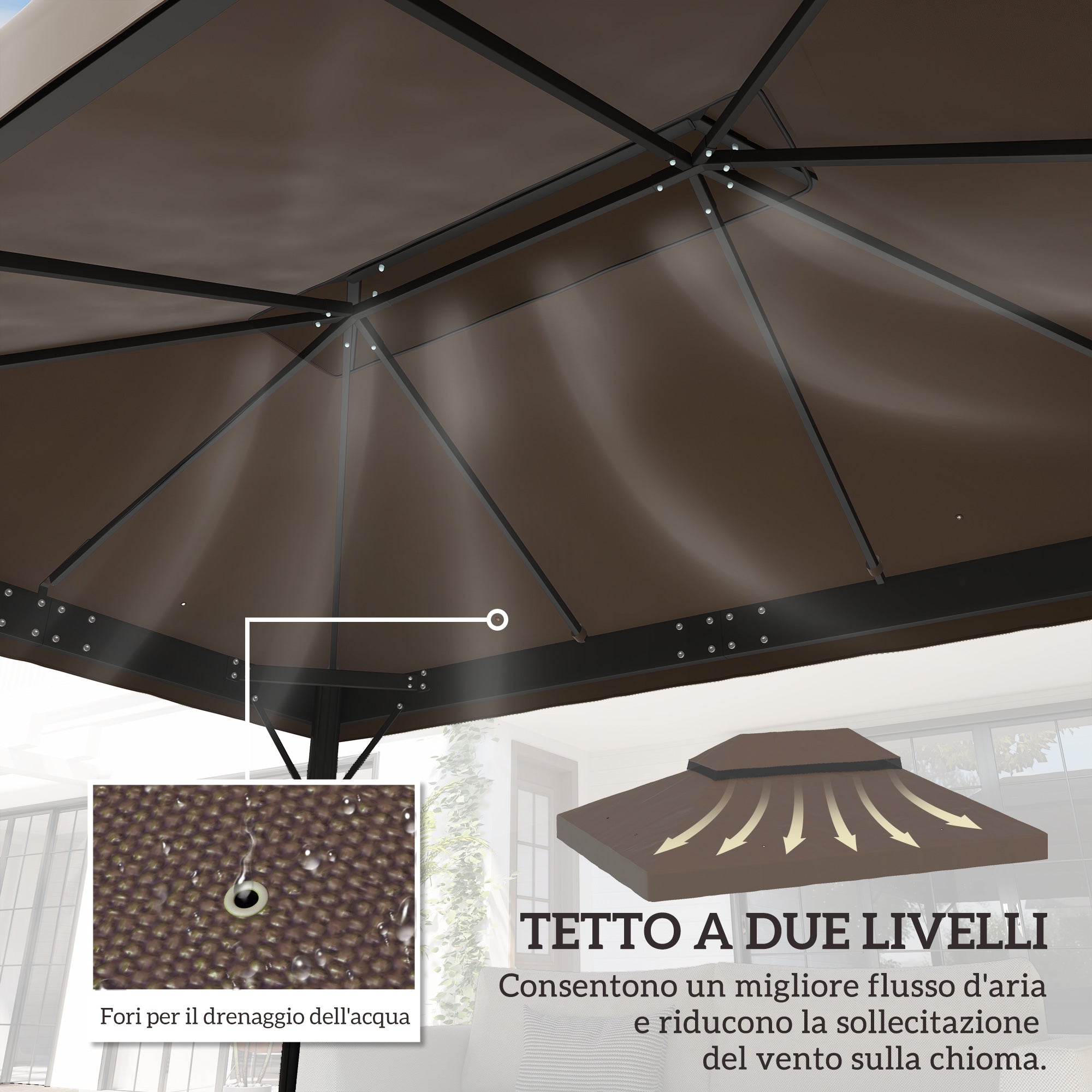 Outsunny 3x4m 2-Tier Garden Gazebo Cover in 600D Oxford Fabric with Drainage Holes, Coffee