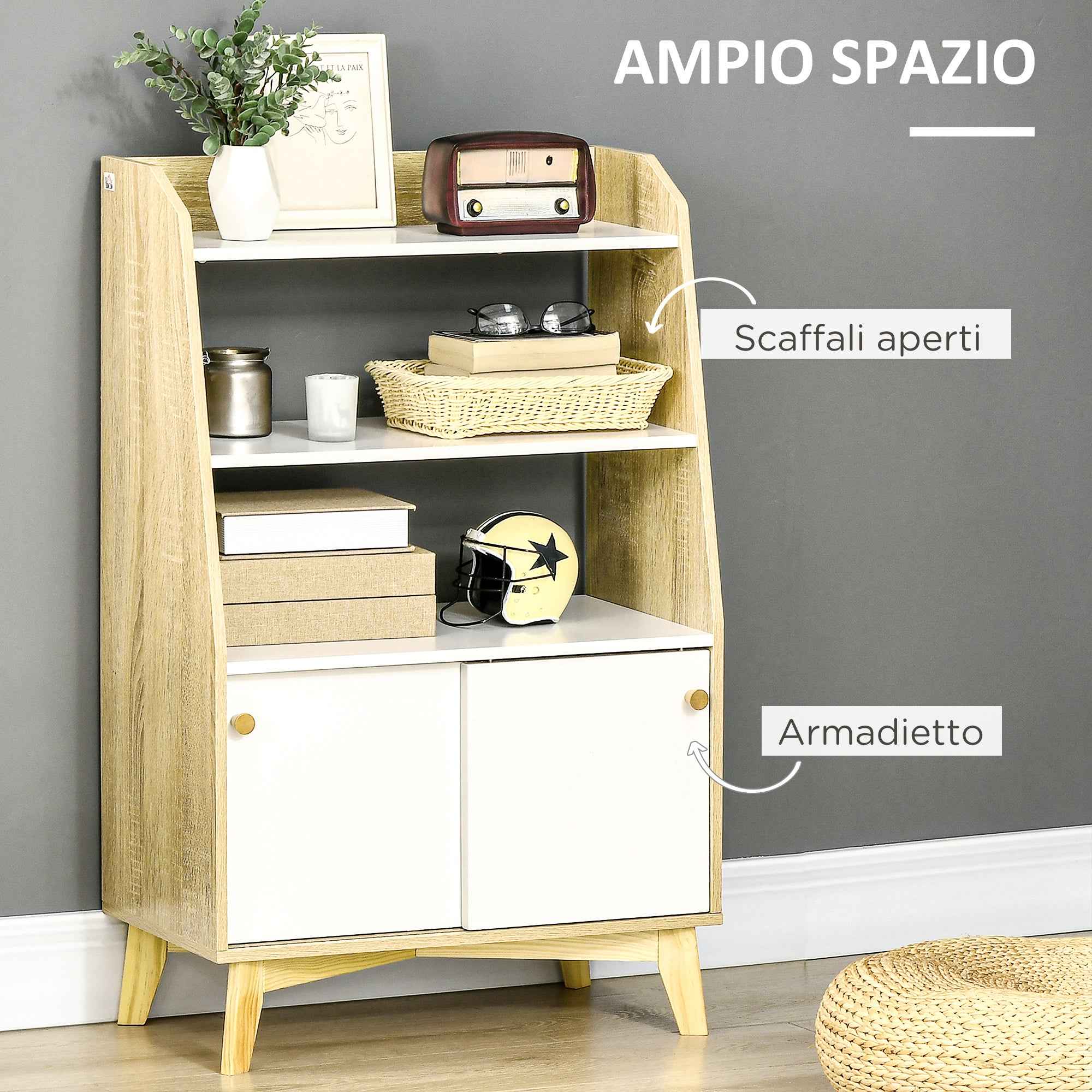 HOMCOM Living Room Cabinet with 2-Tier Open Shelf and 2-Door Cabinet, Chipboard and Pine Wood, 58x30x93 cm