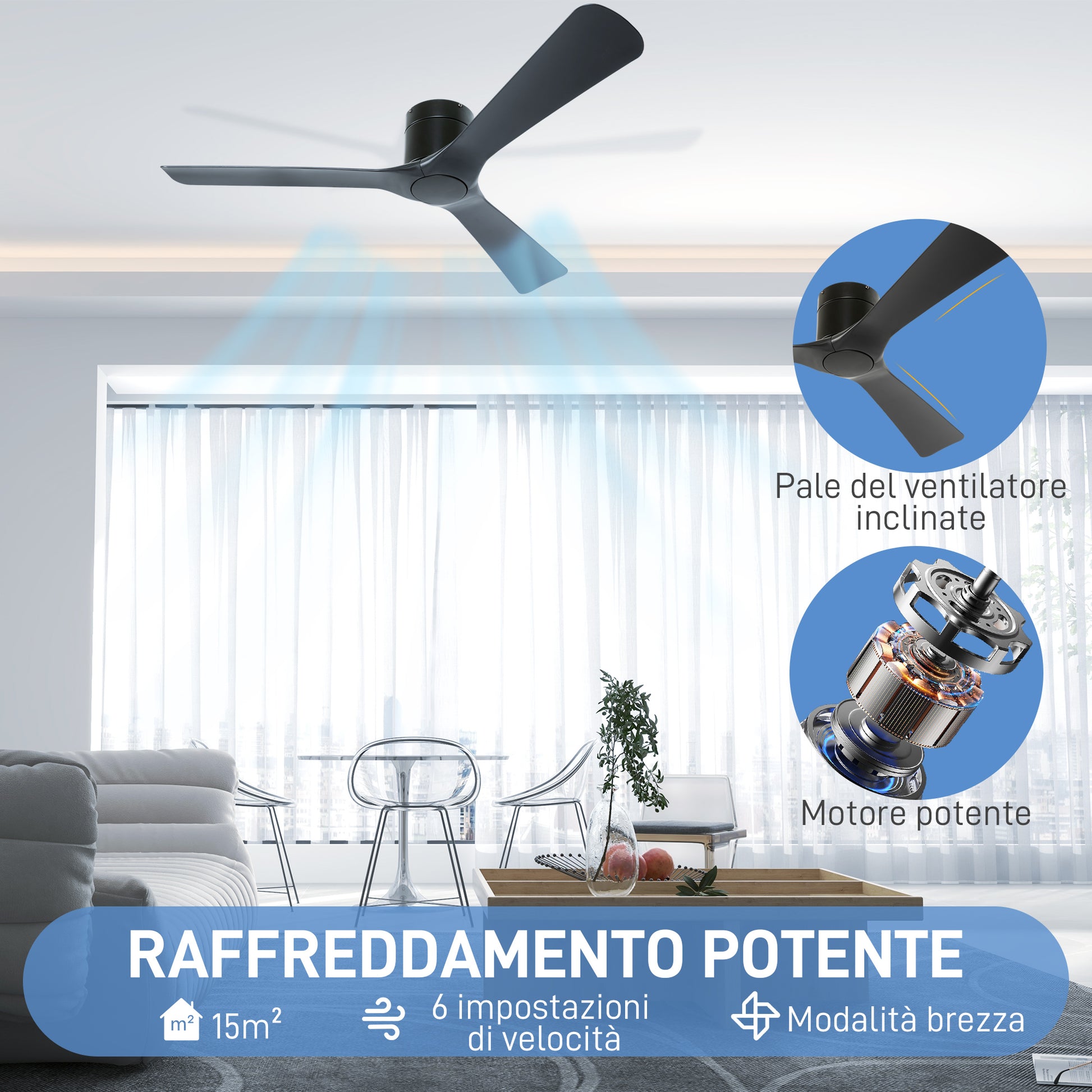 HOMCOM Reversible 3-Blade Ceiling Fan with 6 Speeds, Timer up to 8 Hours and Remote Control, Black - Borgè