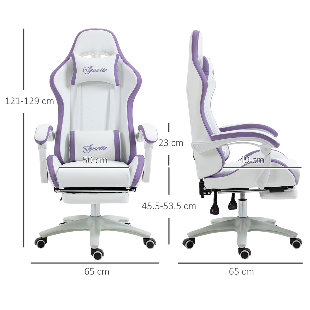 Gaming Chair with Adjustable Height and Reclining Backrest, 65x65x121-129 cm, White and Purple