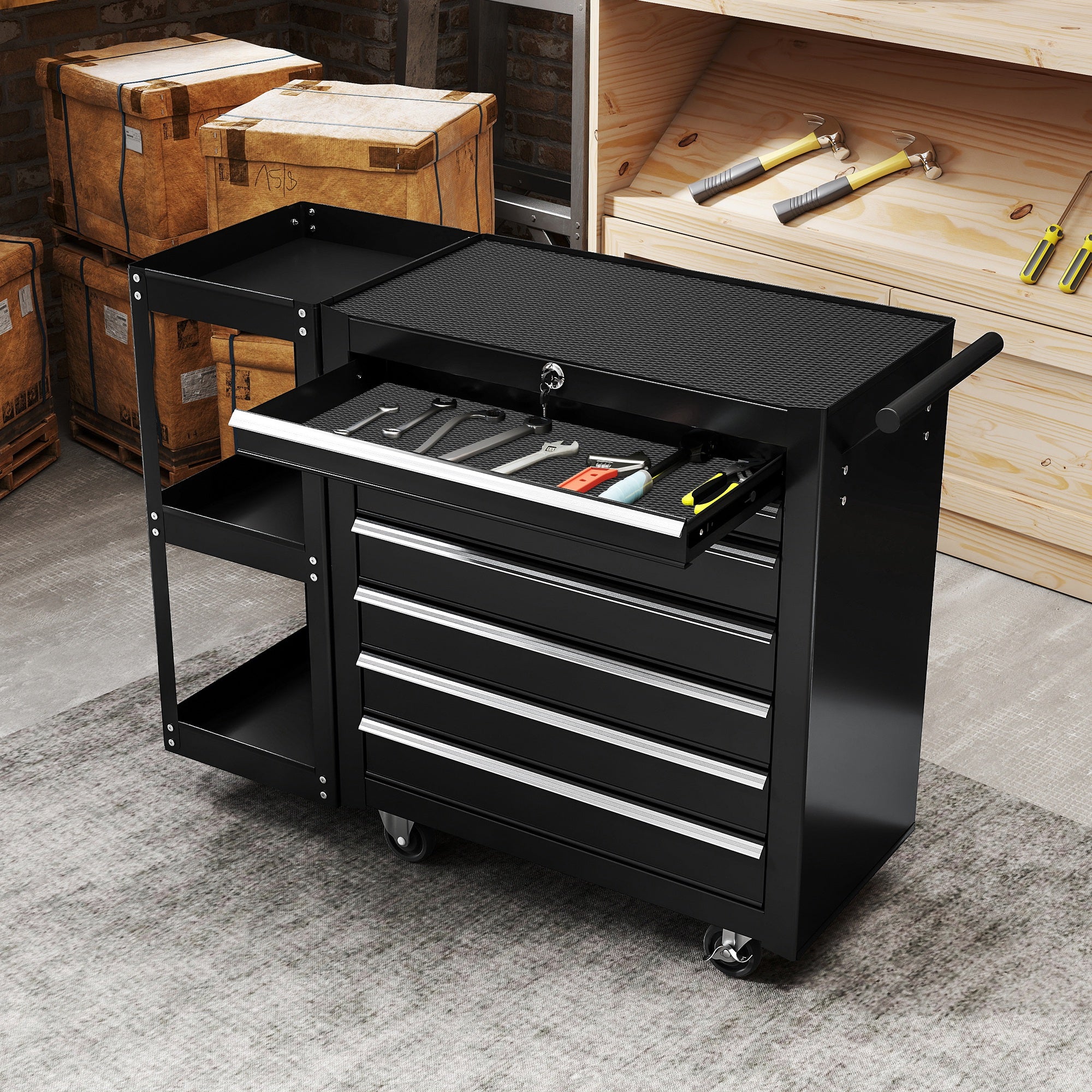 HOMCOM Steel Tool Cart with 7 Drawers, Detachable Side Shelf, Wheels, 120kg Capacity, Black