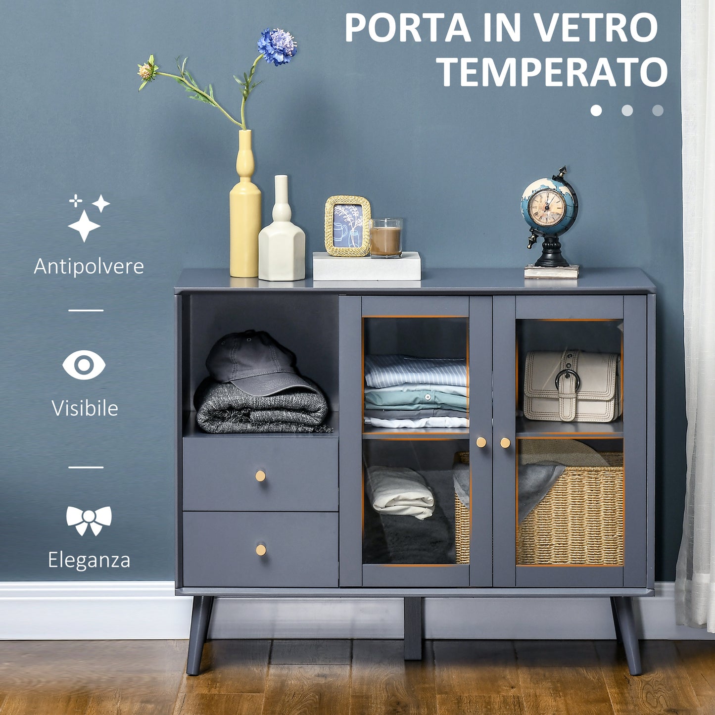 Two-Door Glass Cabinet with 2 Drawers, Open Space and Shelf, 95.5x40x78 cm, Gray