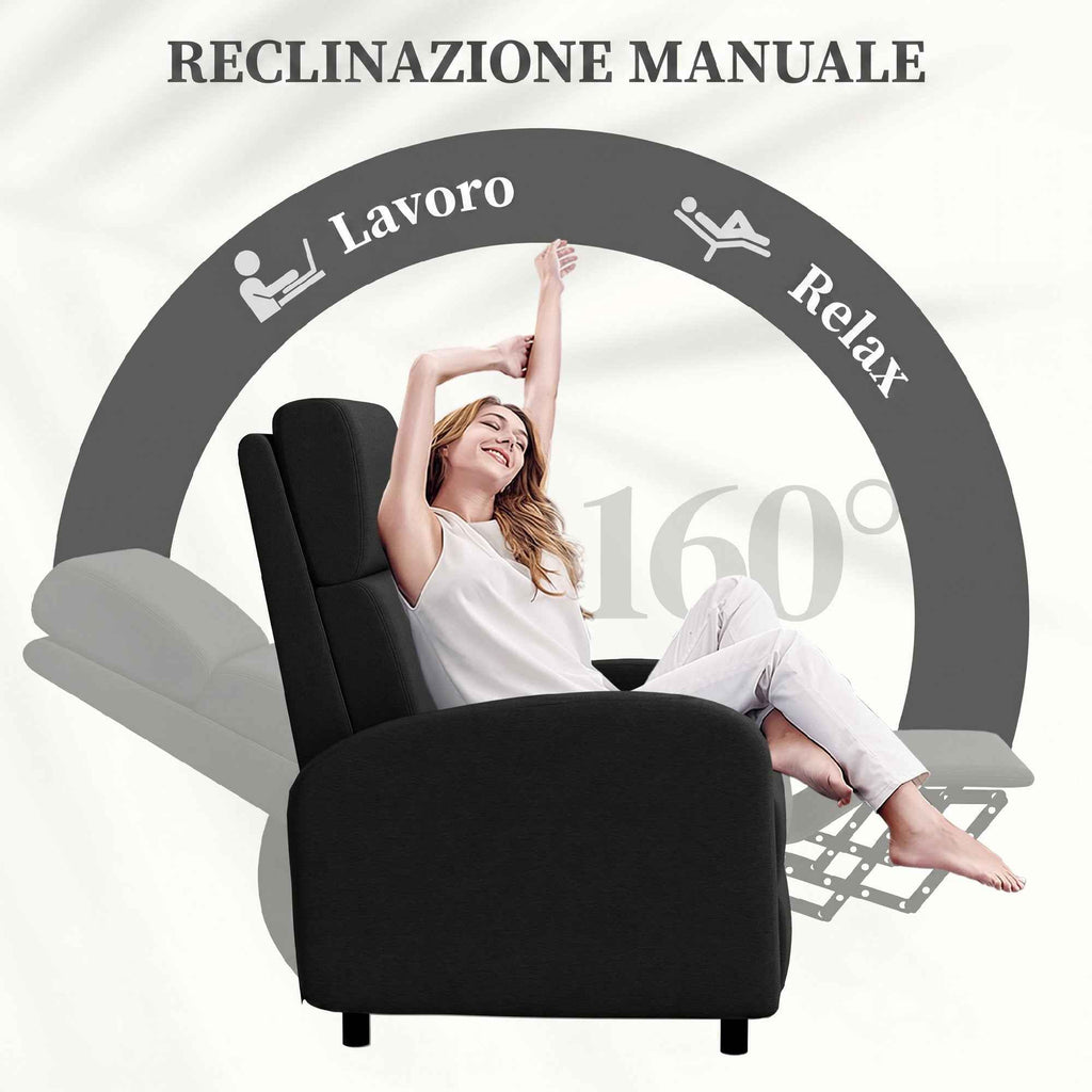 HOMCOM 160° Manual Reclining Relaxing Chair with Linen-Effect Fabric Footrest, Black