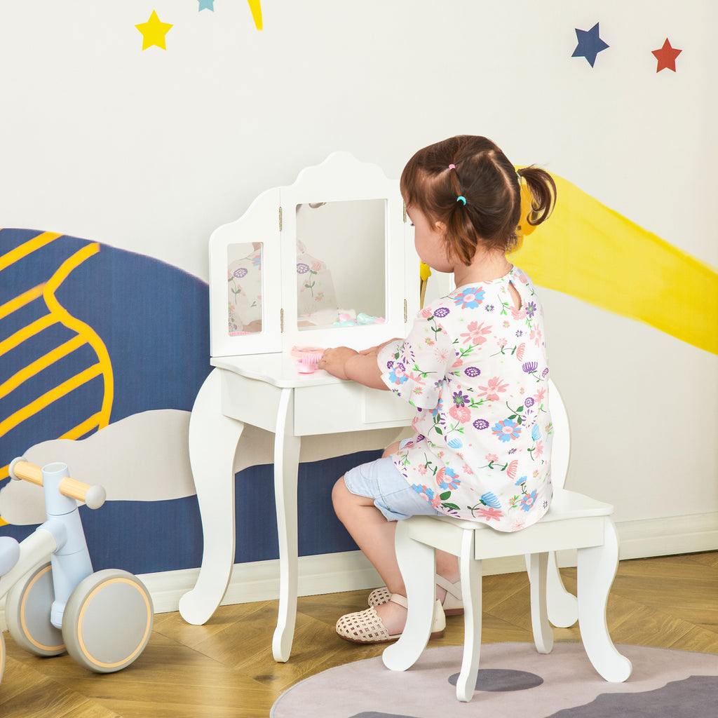 Children's Dressing Table with Stool and Triple Mirror, Wood and Acrylic, 63x40x85.5 cm, White