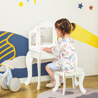 Children's Dressing Table with Stool and Triple Mirror, Wood and Acrylic, 63x40x85.5 cm, White